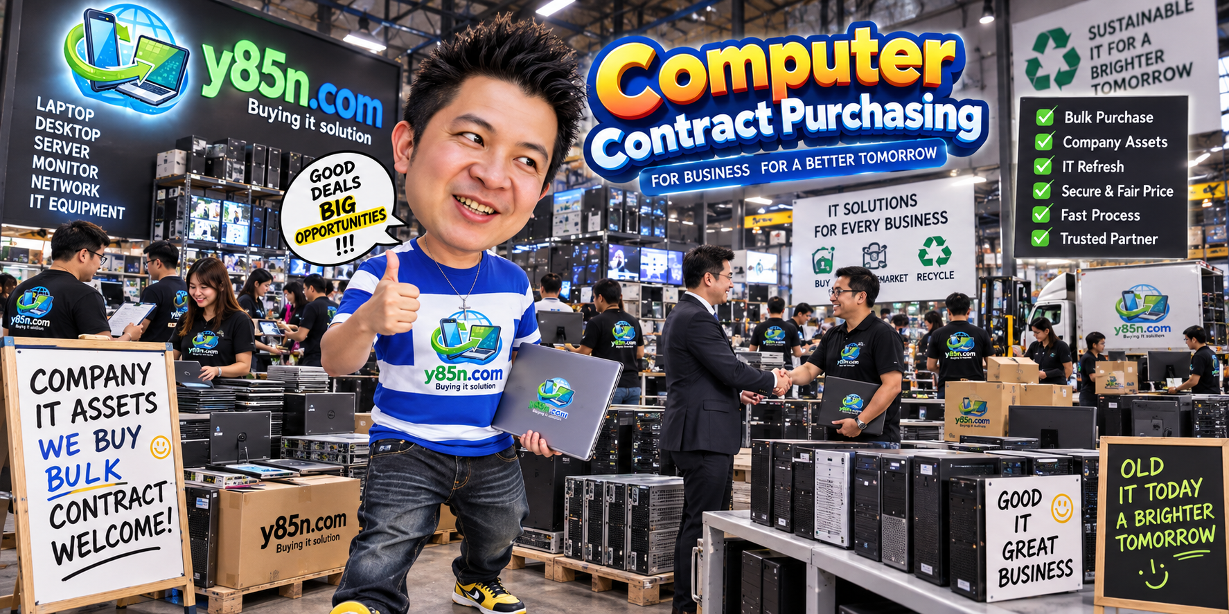 Busy Y85N.com IT warehouse showing an IT equipment buying service in Thailand