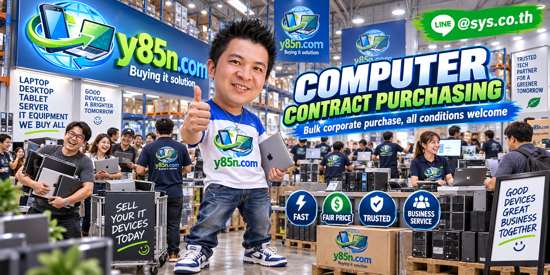 Y85N.com team and customers at a busy computer and IT equipment buying warehouse