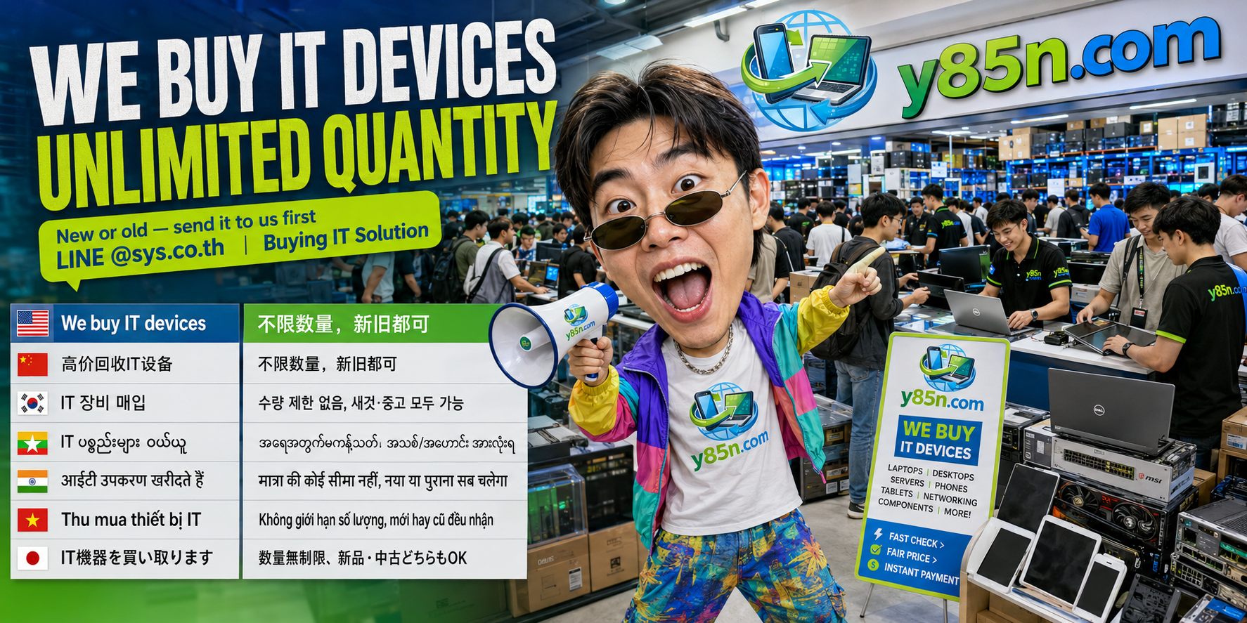 Y85N.com warehouse buying used IT equipment with international seller messaging