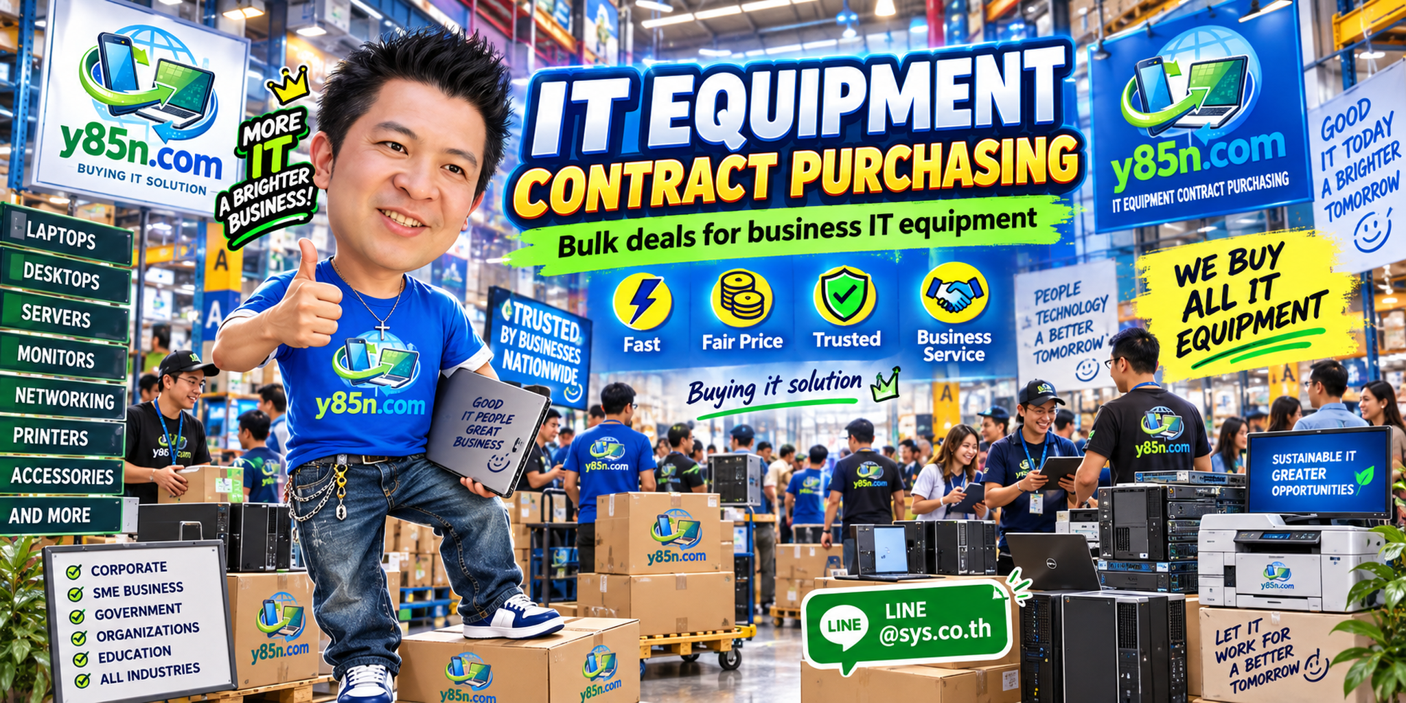 Busy Y85N.com warehouse handling corporate IT equipment contract purchasing projects