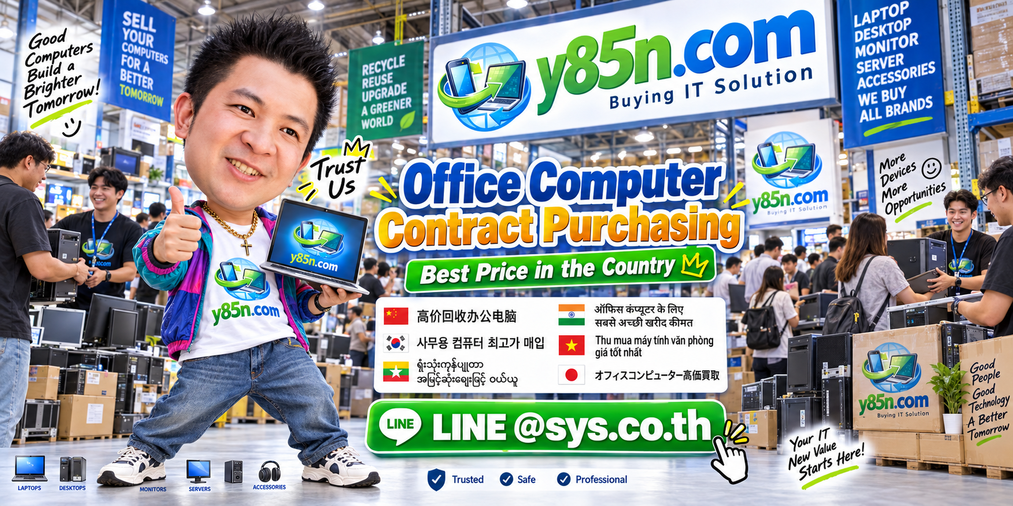 Y85N.com warehouse for office computer contract purchasing and corporate computer clearance in Thailand