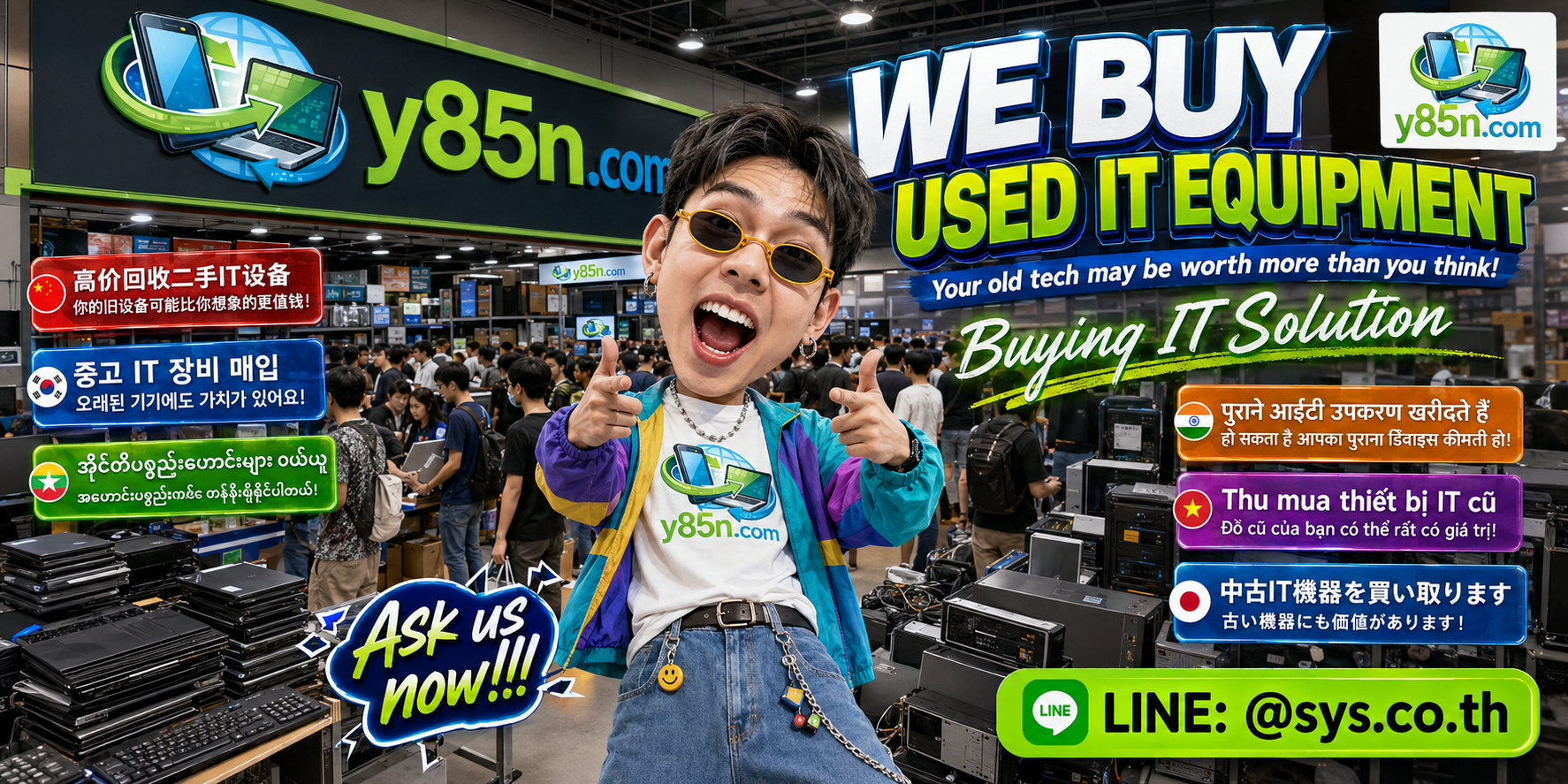 Y85N.com team and customers at a busy computer and IT equipment buying warehouse