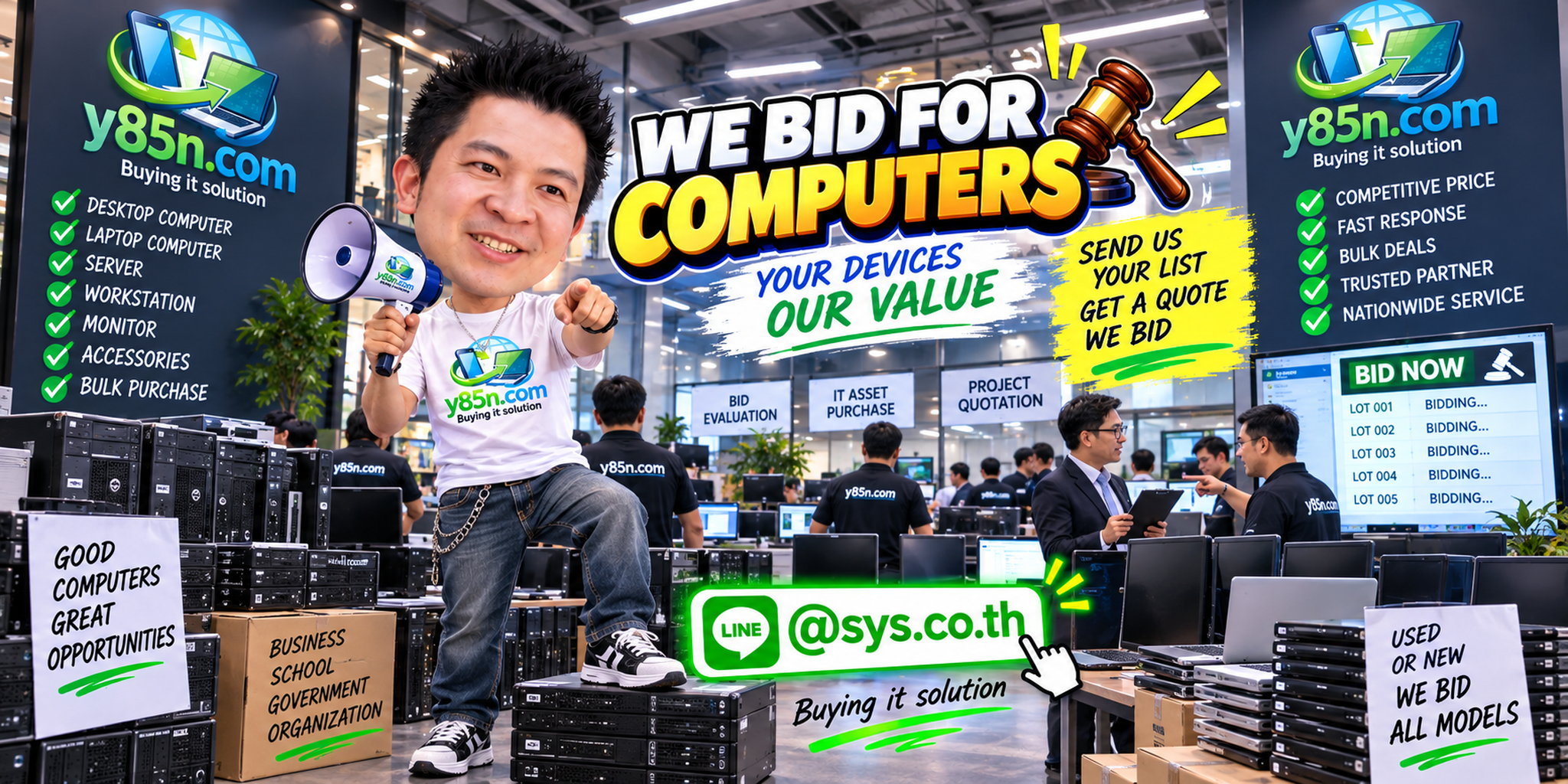 Y85N.com team and customers at a busy warehouse for computer buying in Thailand
