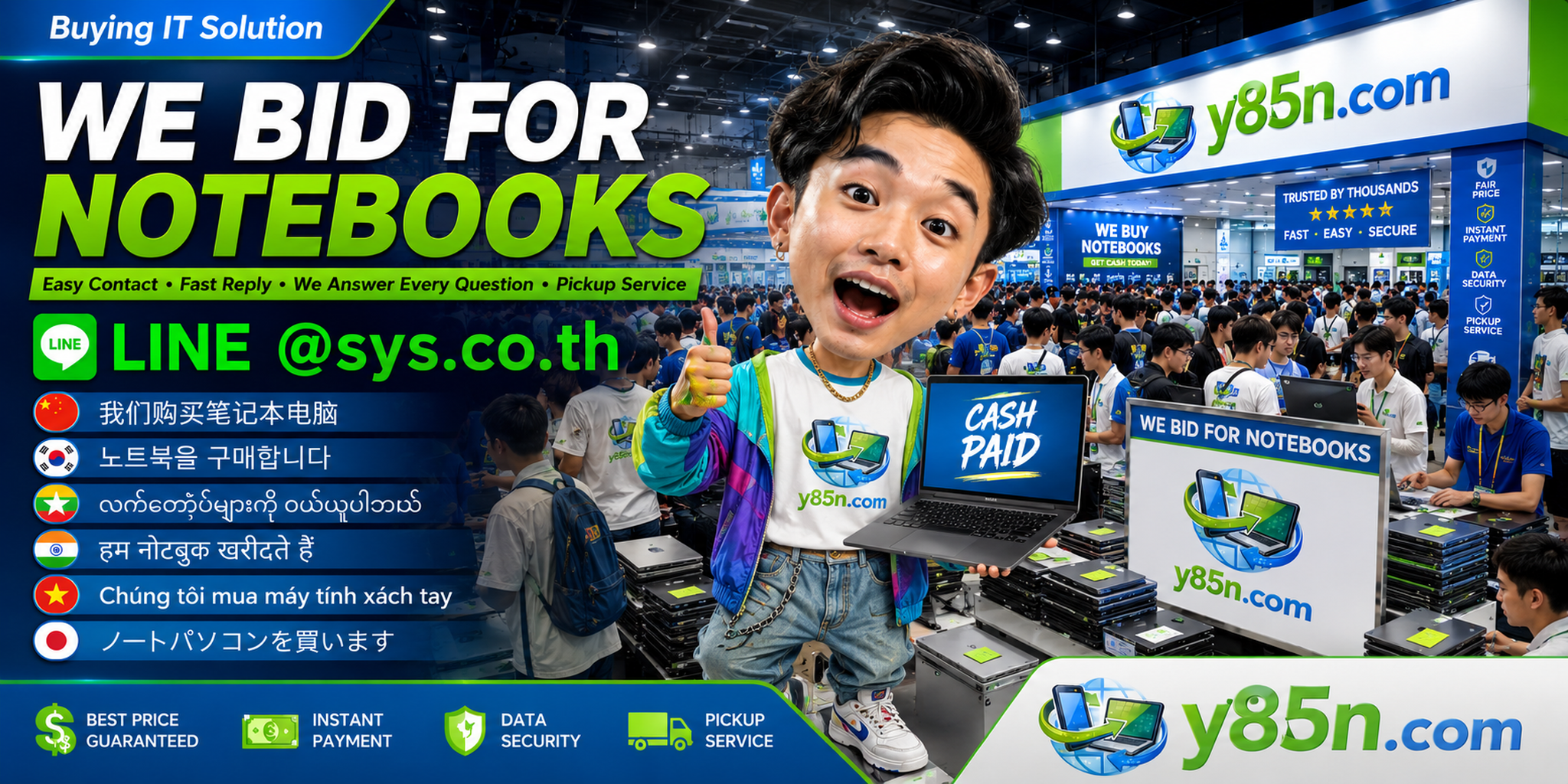 Y85N.com notebook buying service contact banner with LINE at sys.co.th