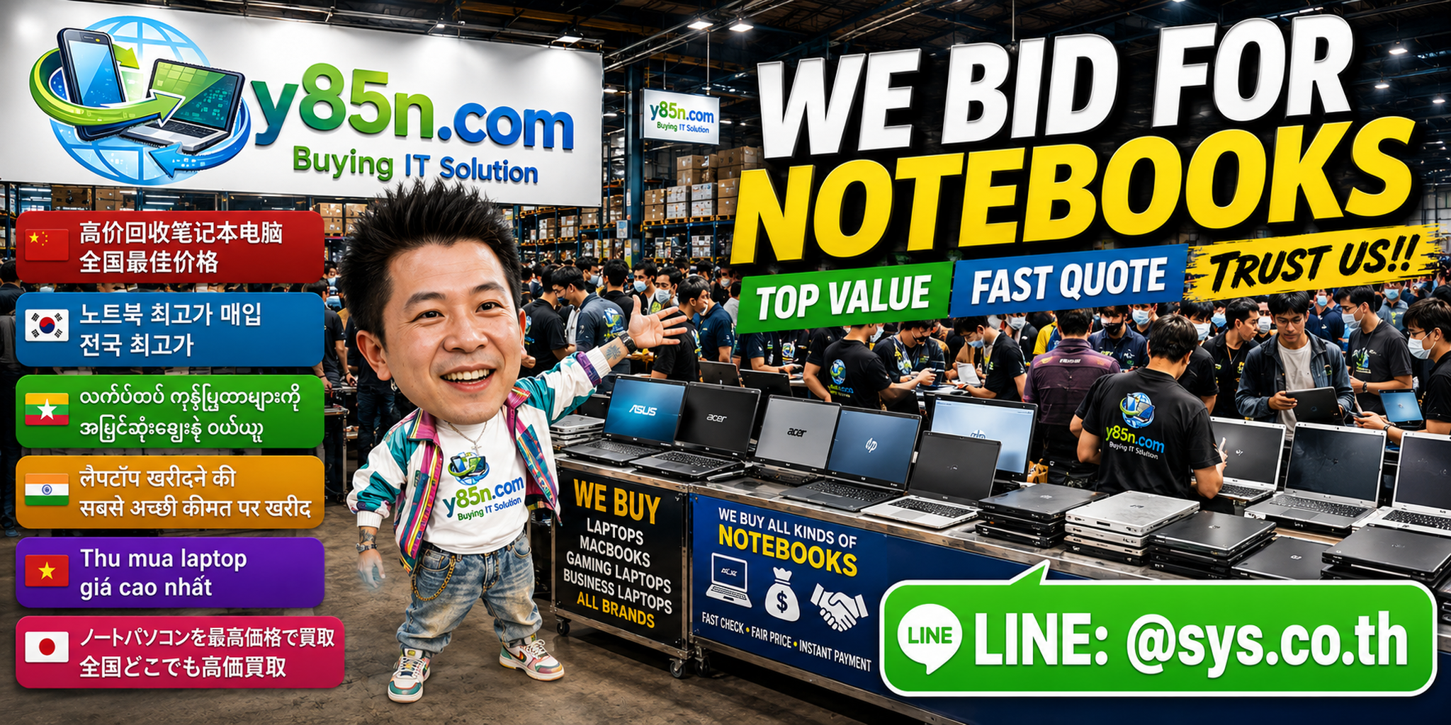 Busy Y85N.com notebook buying warehouse in Thailand with international seller service