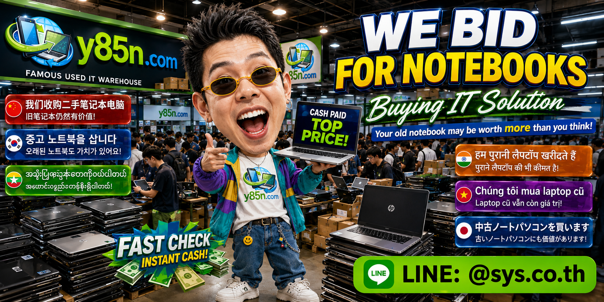 Y85N.com team and customers at a busy notebook buying warehouse in Thailand