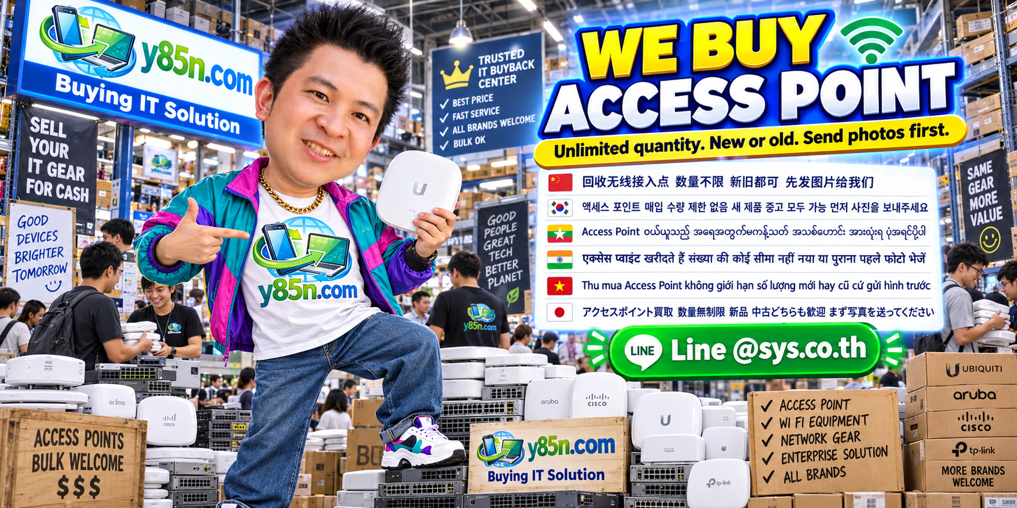 Y85N.com team and customers handling enterprise wireless access point buying in a busy IT warehouse