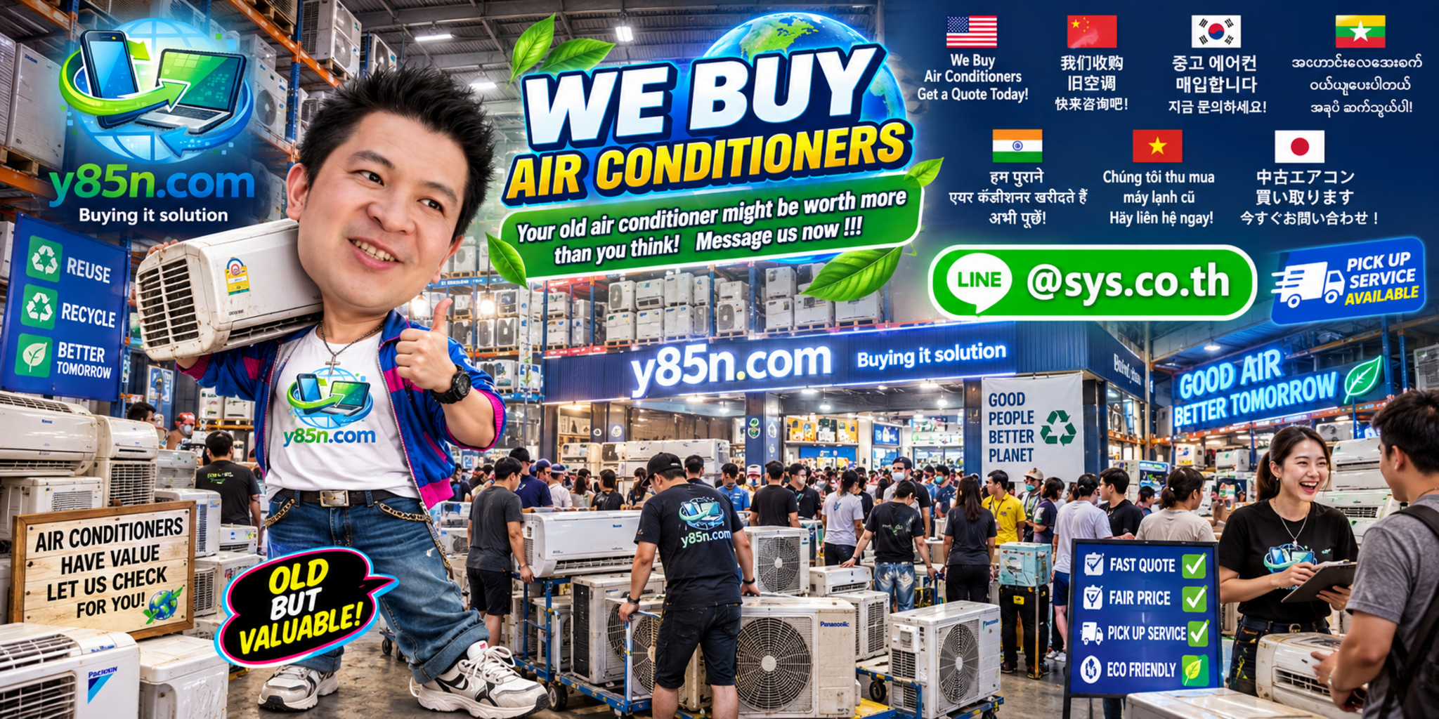 Busy Y85N.com warehouse buying used air conditioners in Thailand