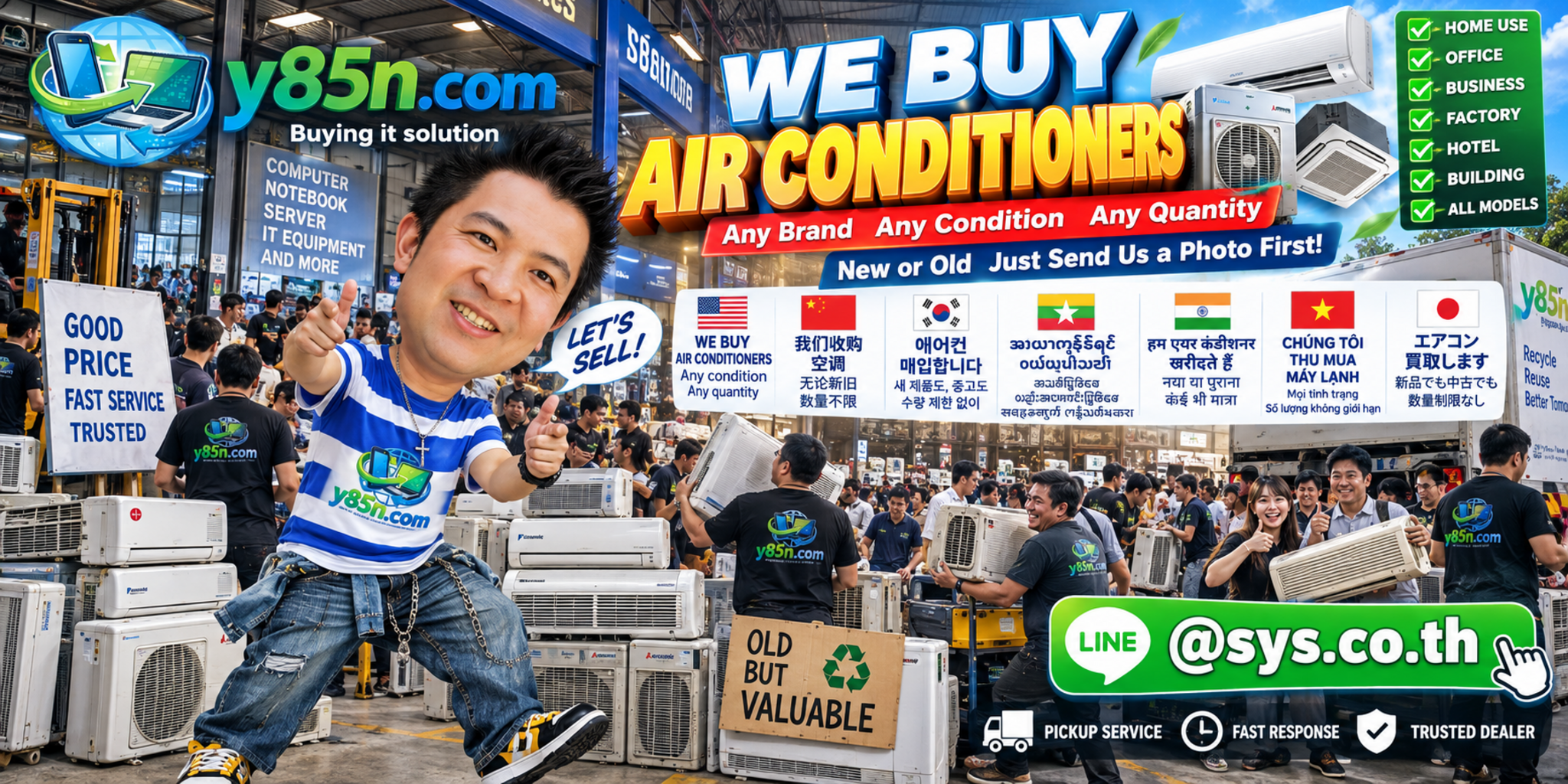 Customers bringing air conditioners to a busy Y85N.com warehouse in Thailand