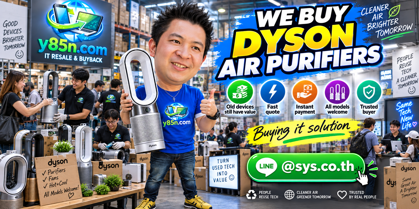 Busy Y85N.com warehouse buying used Dyson air purifiers in Thailand