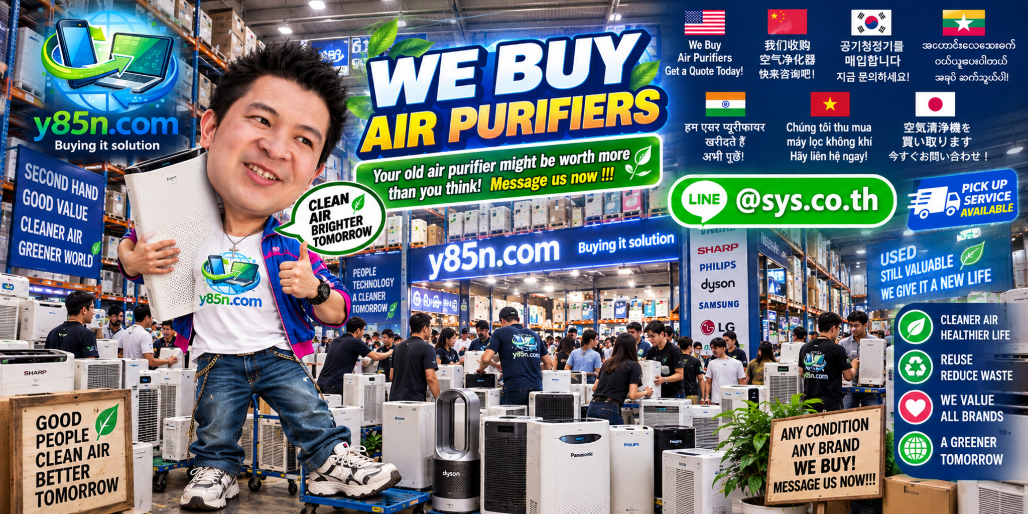 Busy Y85N.com warehouse buying air purifiers from customers in Thailand