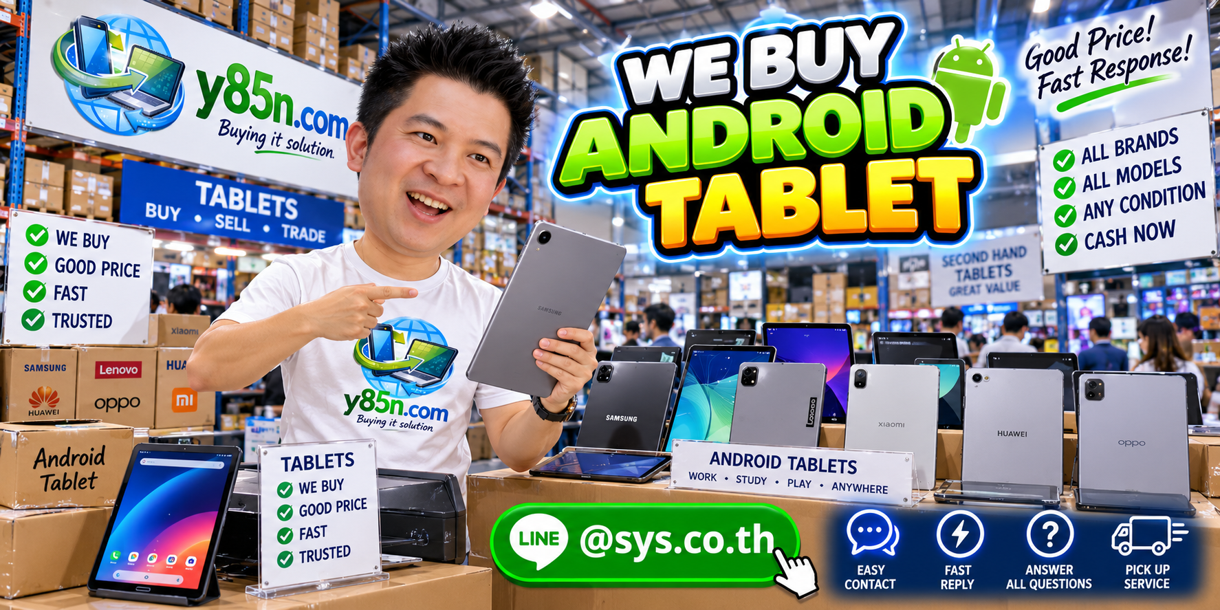 Y85N.com Android tablet buying contact banner with LINE at sys.co.th