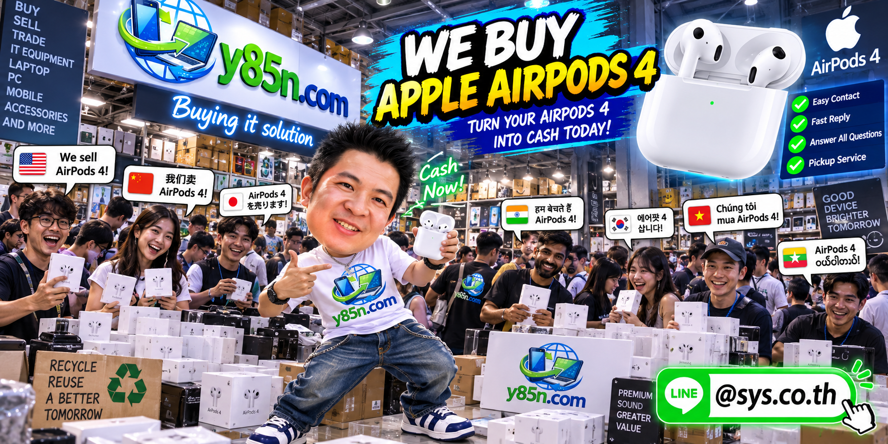 Y85N.com Apple AirPods 4 buying contact banner with LINE at sys.co.th