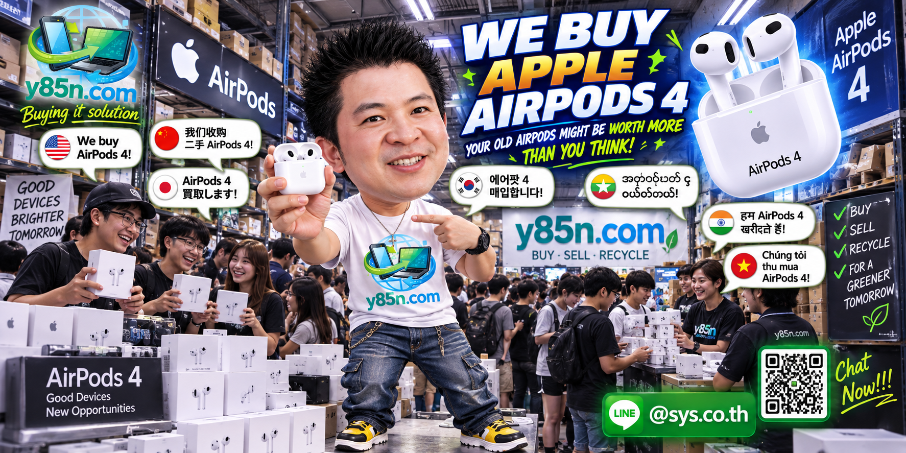 Y85N.com buying Apple AirPods 4 in a busy IT warehouse in Thailand