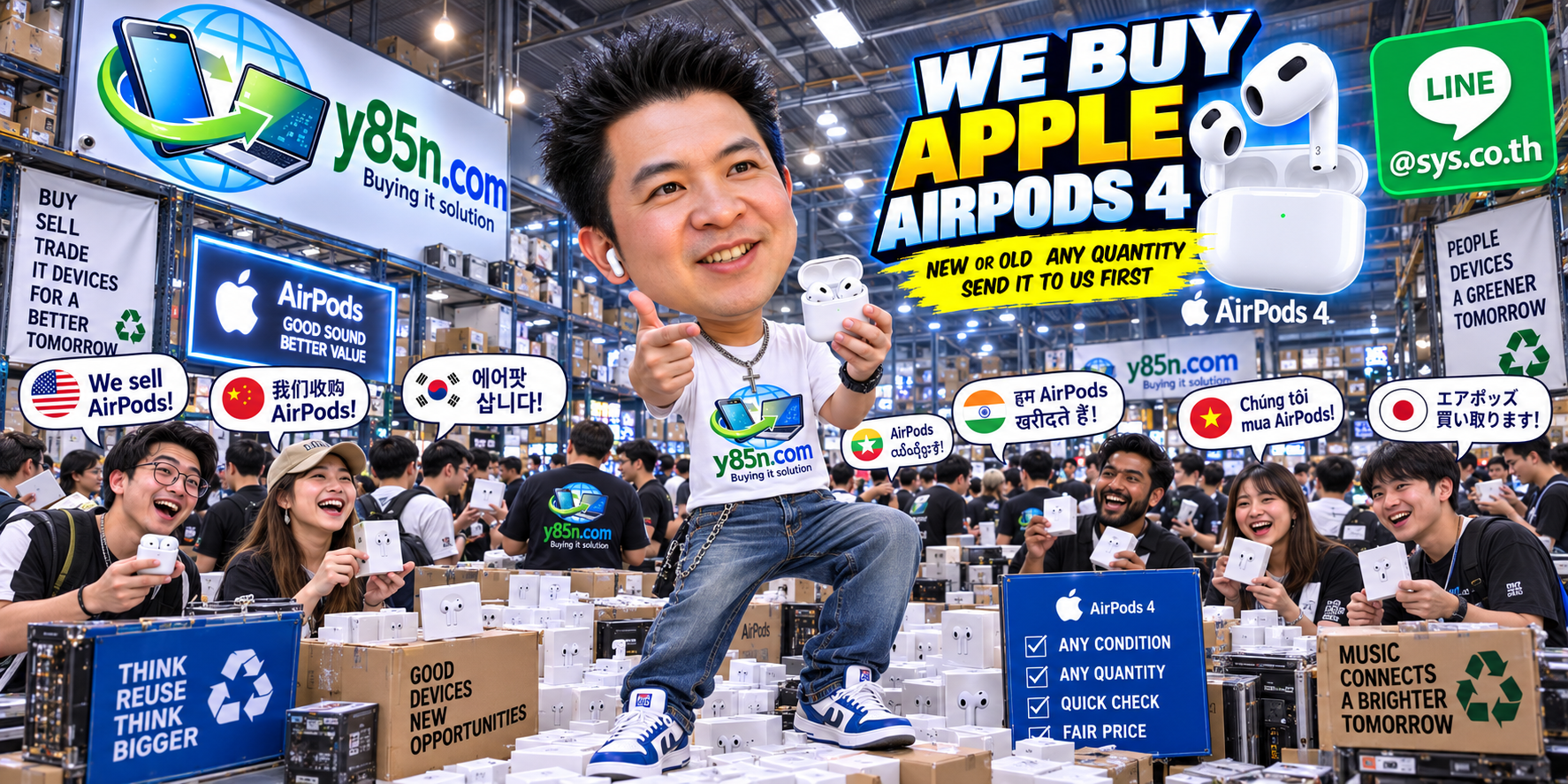 Y85N.com buying Apple AirPods 4 in a busy warehouse style layout