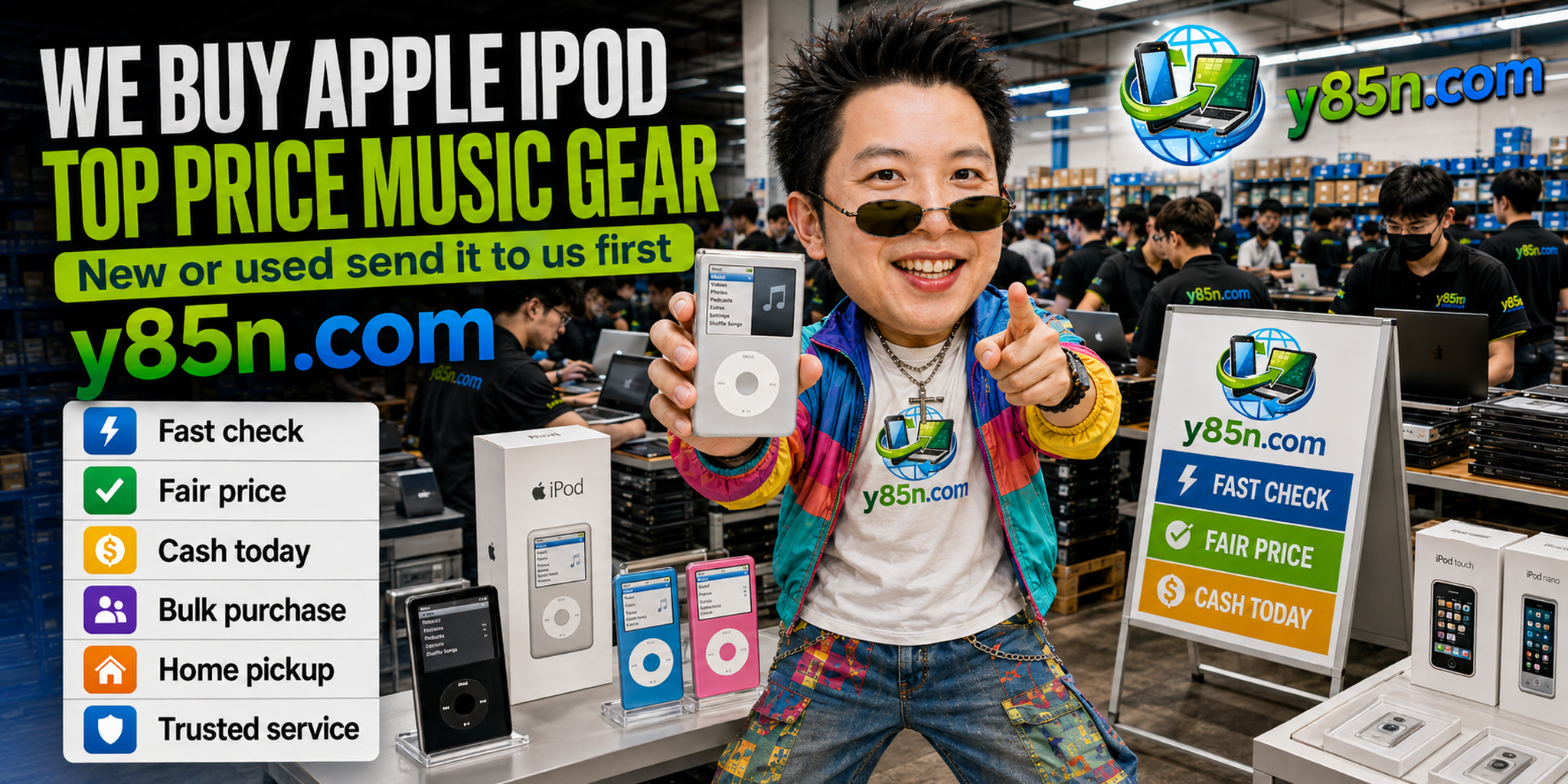 Y85N.com Apple iPod buying service banner in a busy IT warehouse