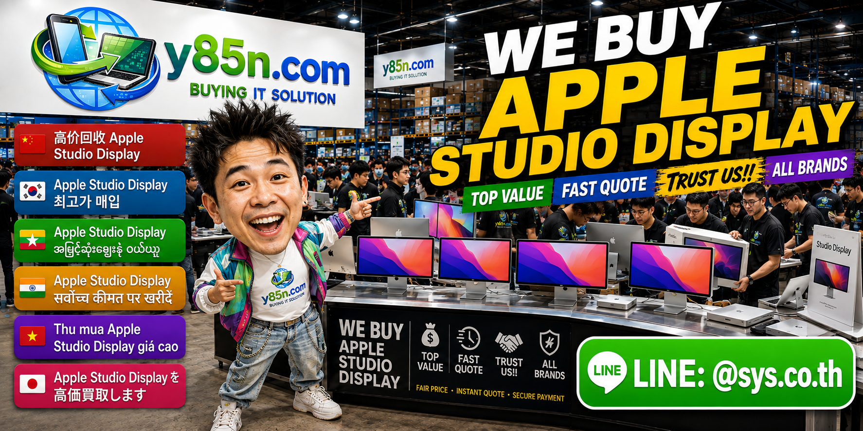 Y85N.com Apple Studio Display buying service in a busy Thailand IT warehouse