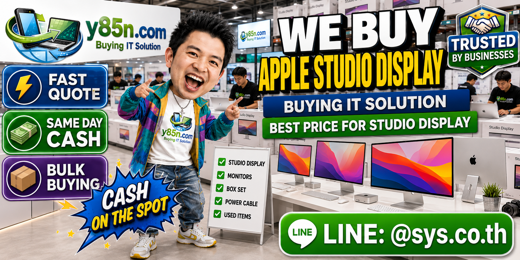 Busy Y85N.com warehouse evaluating Apple Studio Display units and Apple equipment in Thailand