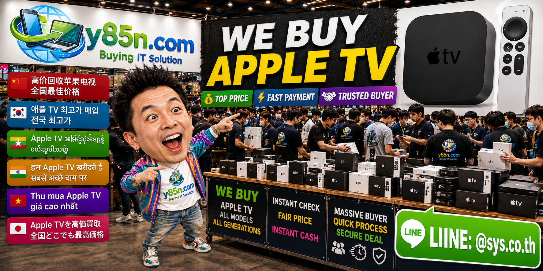 Y85N.com buying Apple TV devices in a busy IT warehouse in Thailand