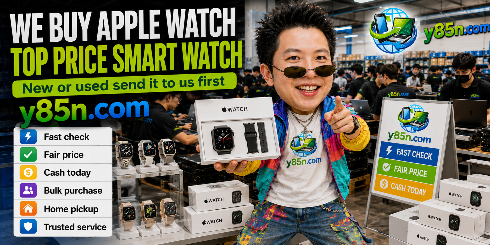 Y85N.com warehouse buying Apple Watch with international seller messaging