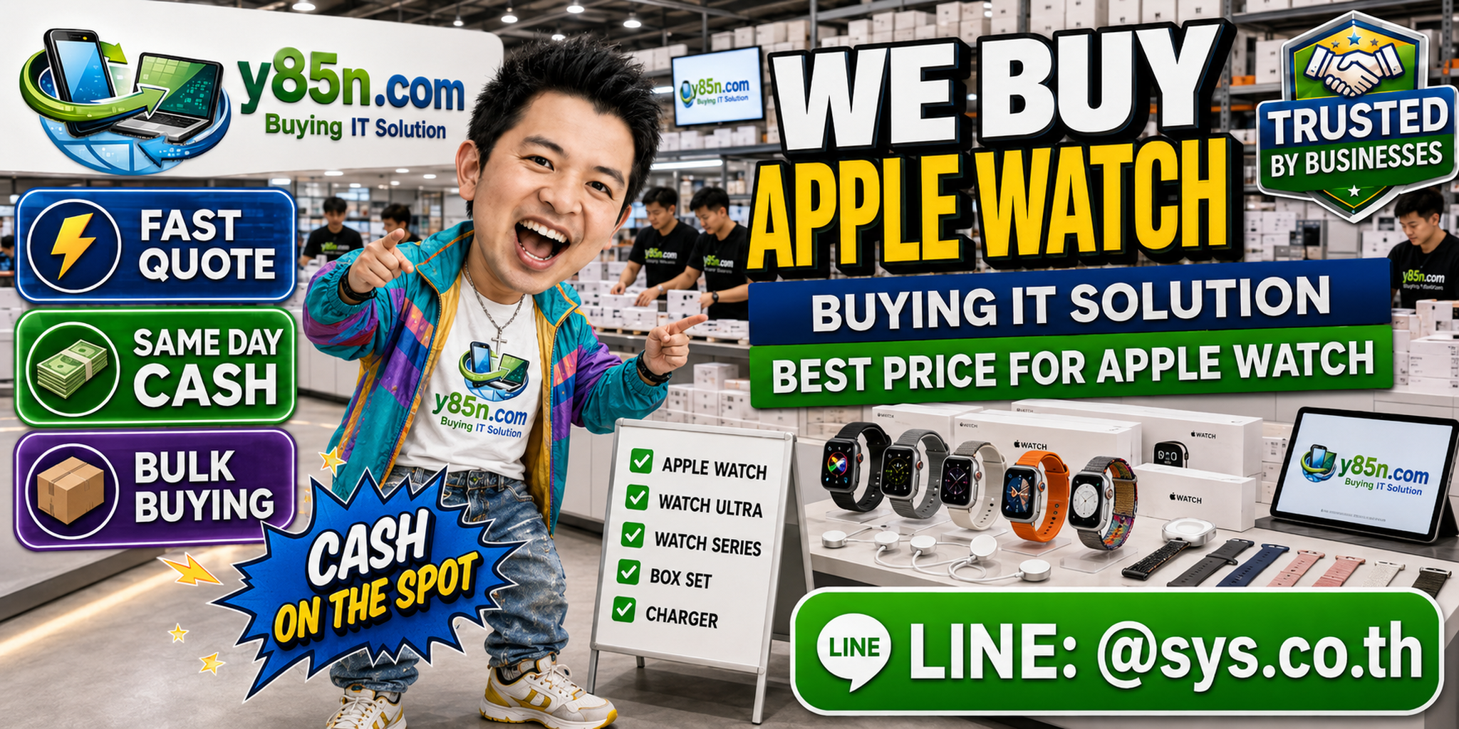 Y85N.com team and customers at a busy Apple Watch buying warehouse