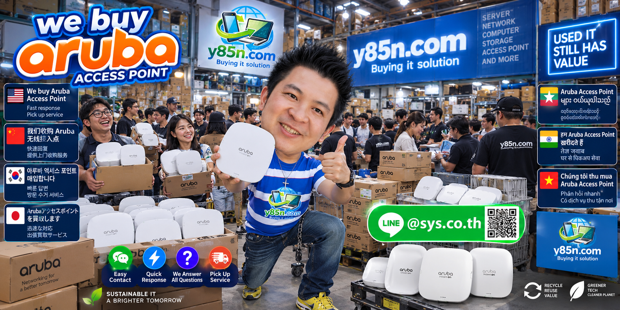 Y85N.com Aruba equipment buying contact banner with LINE at sys.co.th
