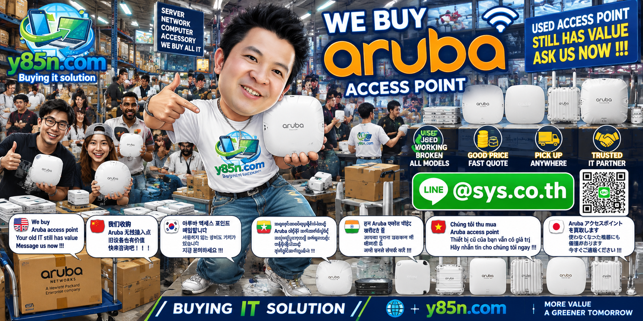 Busy Y85N.com warehouse buying used HPE Aruba Networking equipment in Thailand