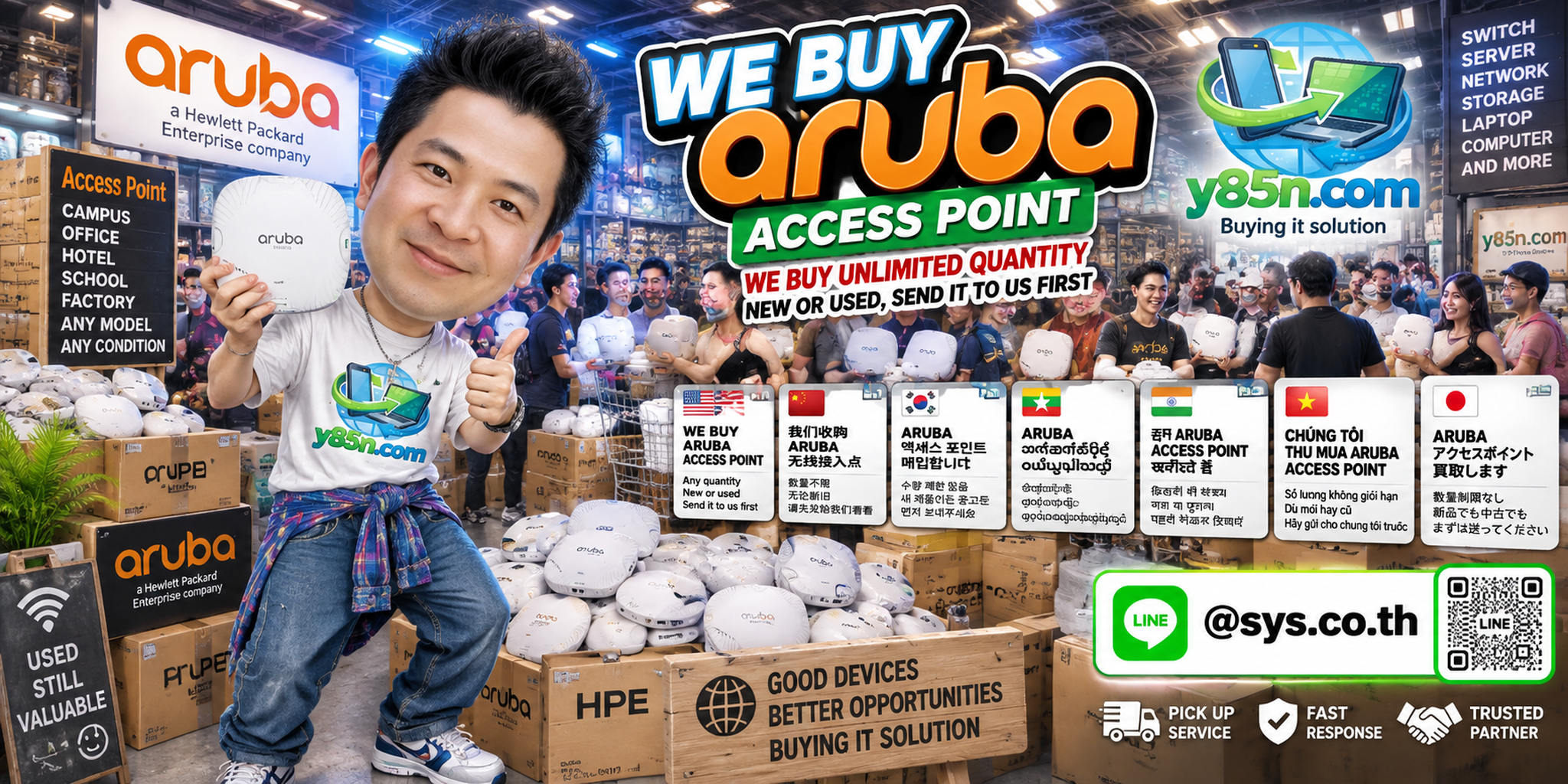 Y85N.com team and customers handling Aruba access points and enterprise network equipment in a busy IT warehouse