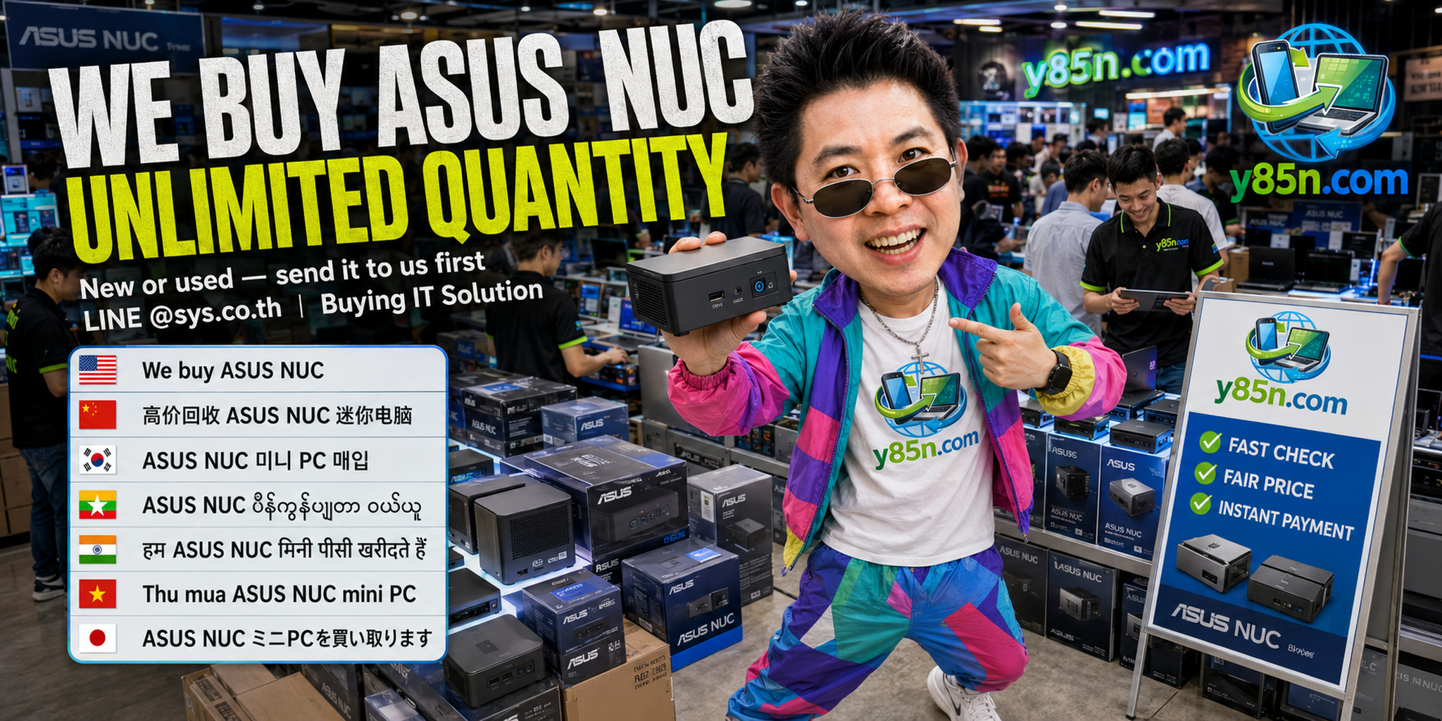 Y85N.com warehouse buying used ASUS NUC systems with international seller messaging