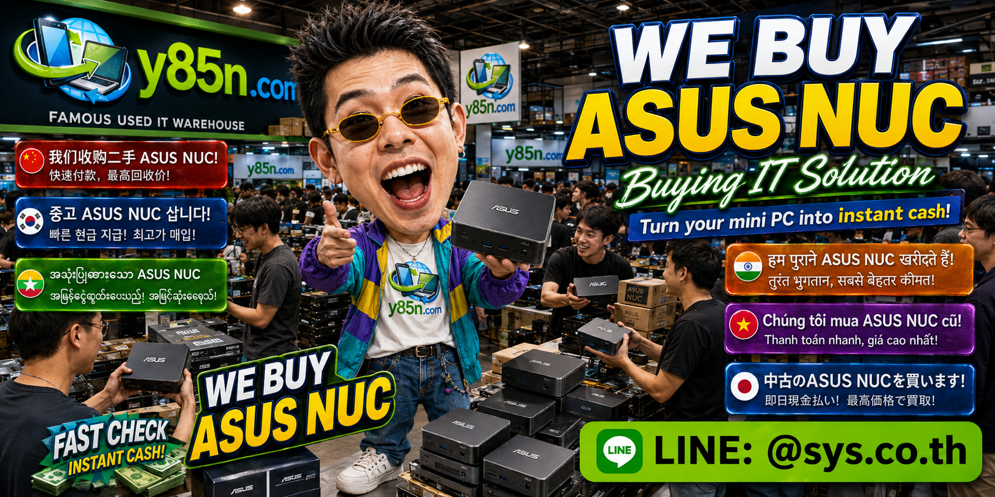 Y85N.com team and customers at a busy computer and ASUS NUC buying warehouse