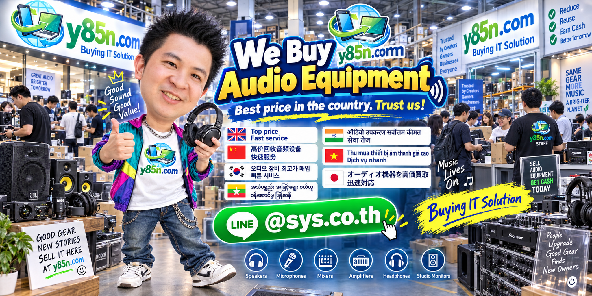 Y85N.com warehouse buying used audio equipment with international seller messaging