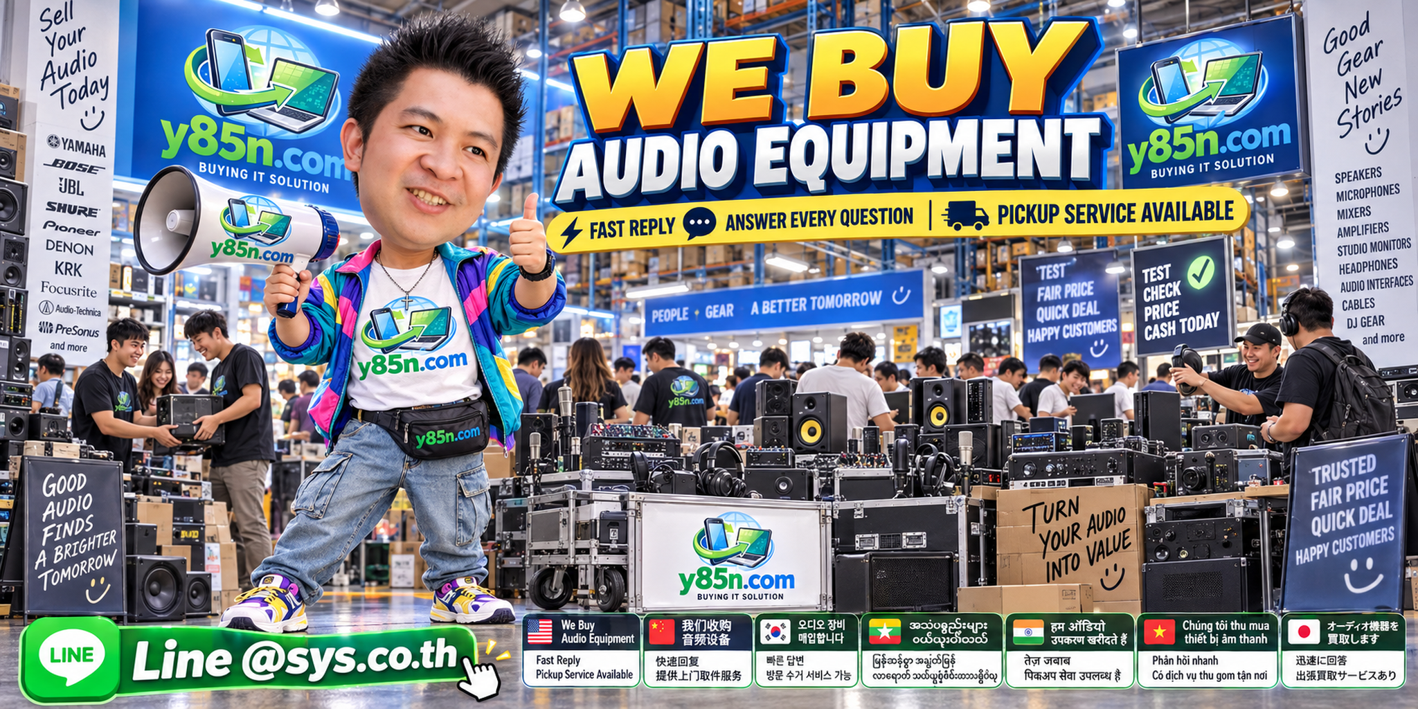 Y85N.com audio equipment buying service contact banner with LINE at sys.co.th