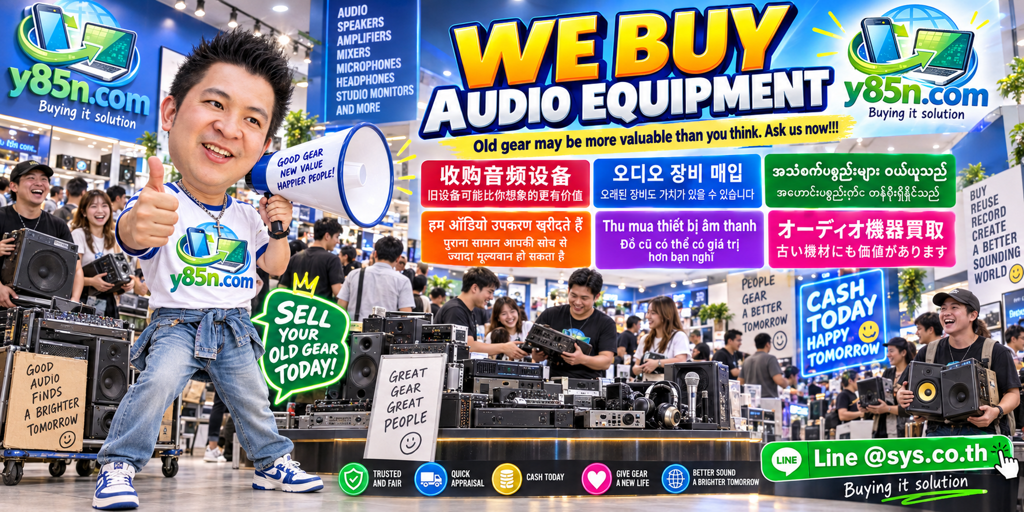 Busy Y85N.com warehouse showing a professional audio equipment buying service in Thailand