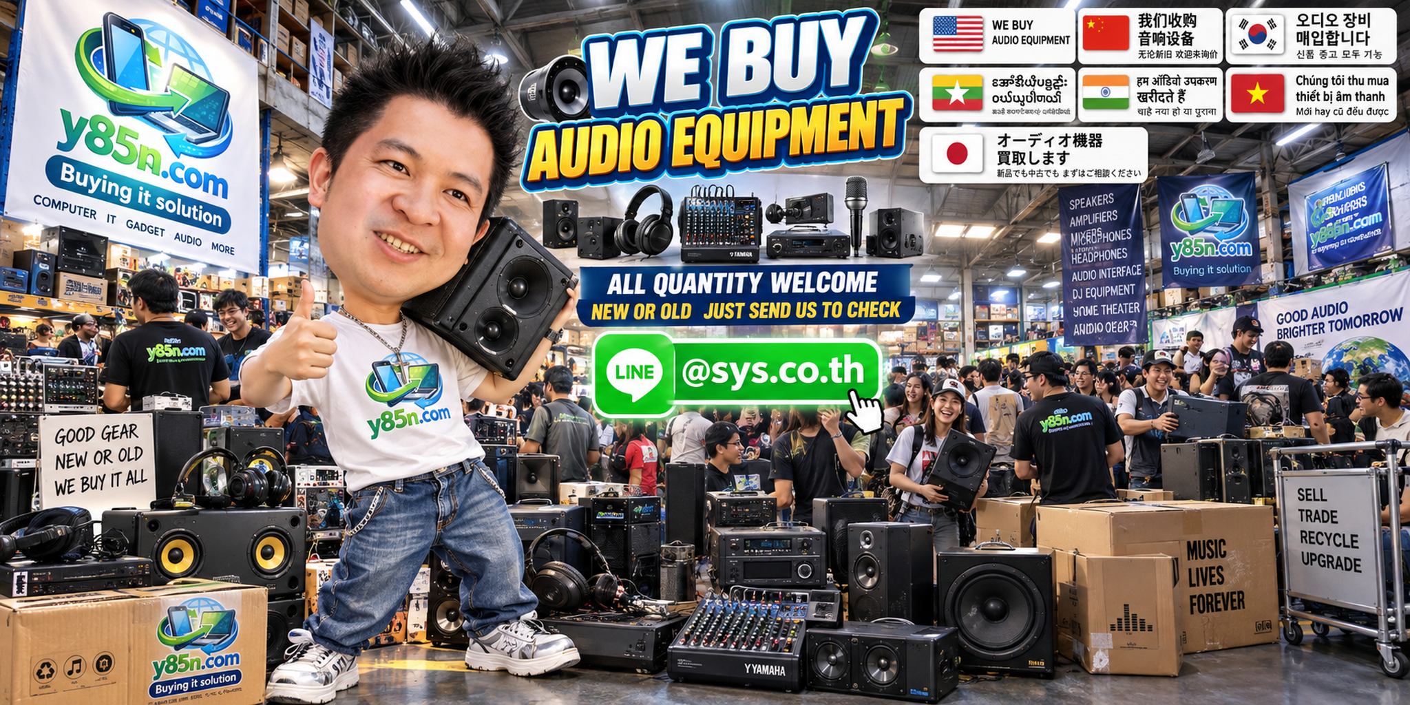 Y85N.com team and customers at a busy warehouse buying speakers, mixers, microphones and other audio equipment