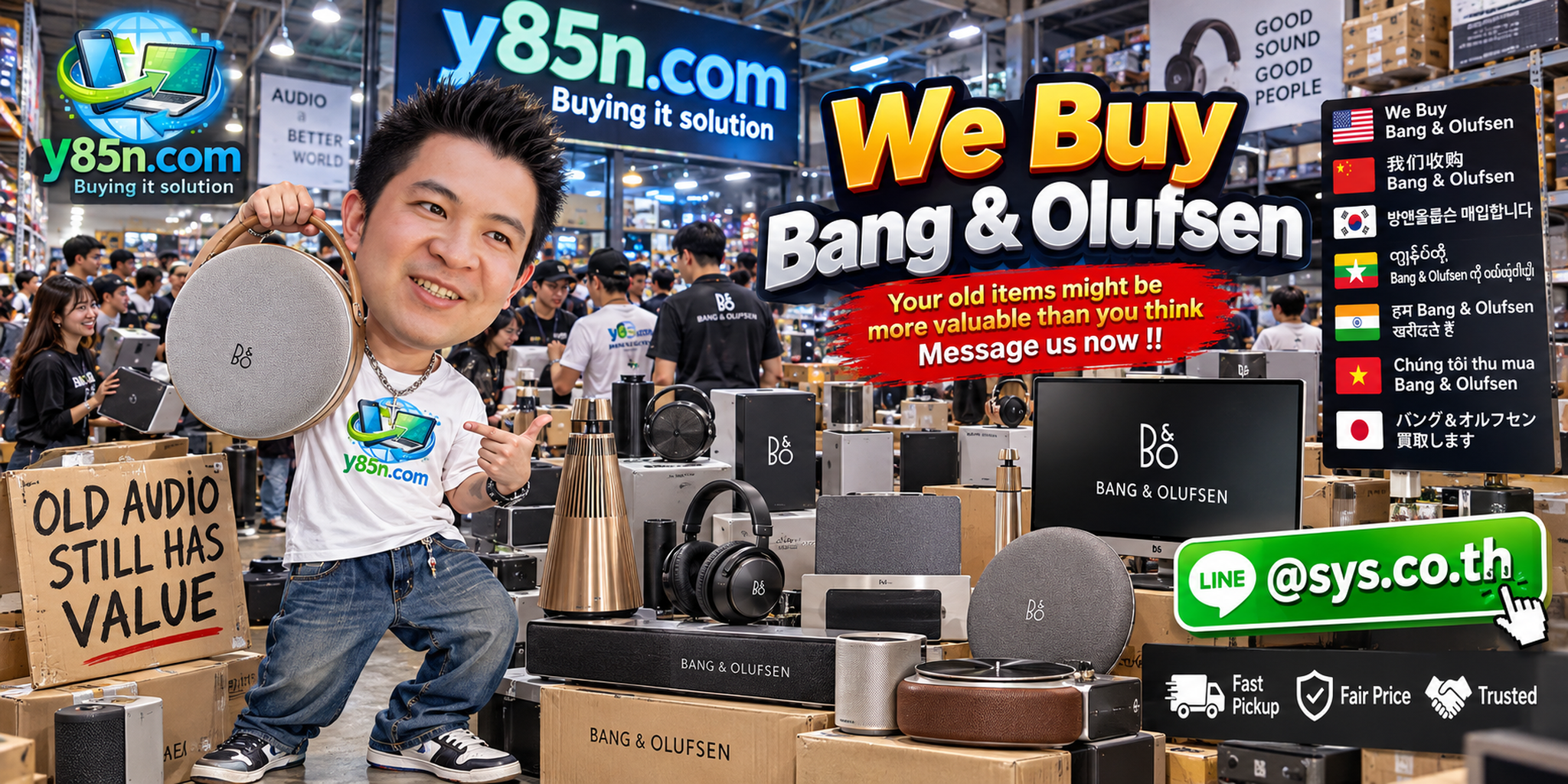 Busy Y85N.com warehouse buying Bang and Olufsen premium audio equipment in Thailand