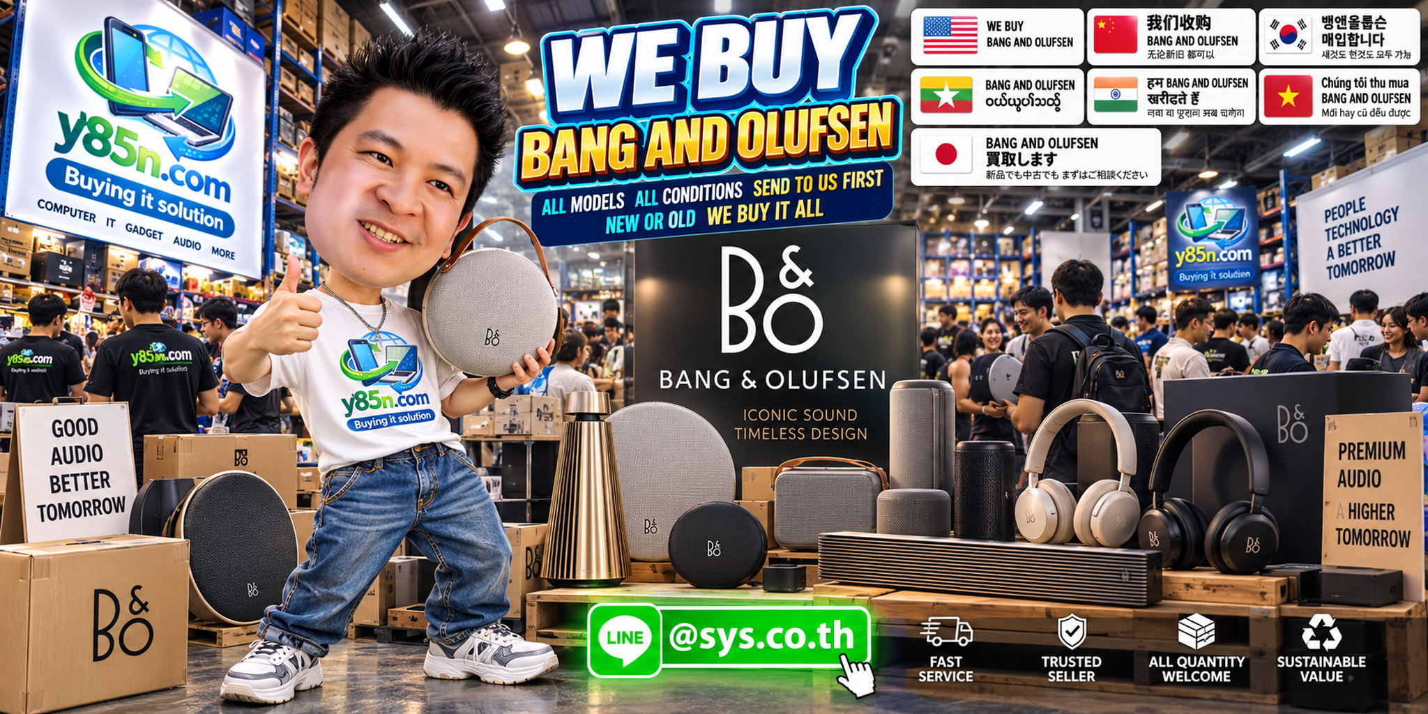 Y85N.com warehouse with Bang and Olufsen speakers headphones and premium audio equipment