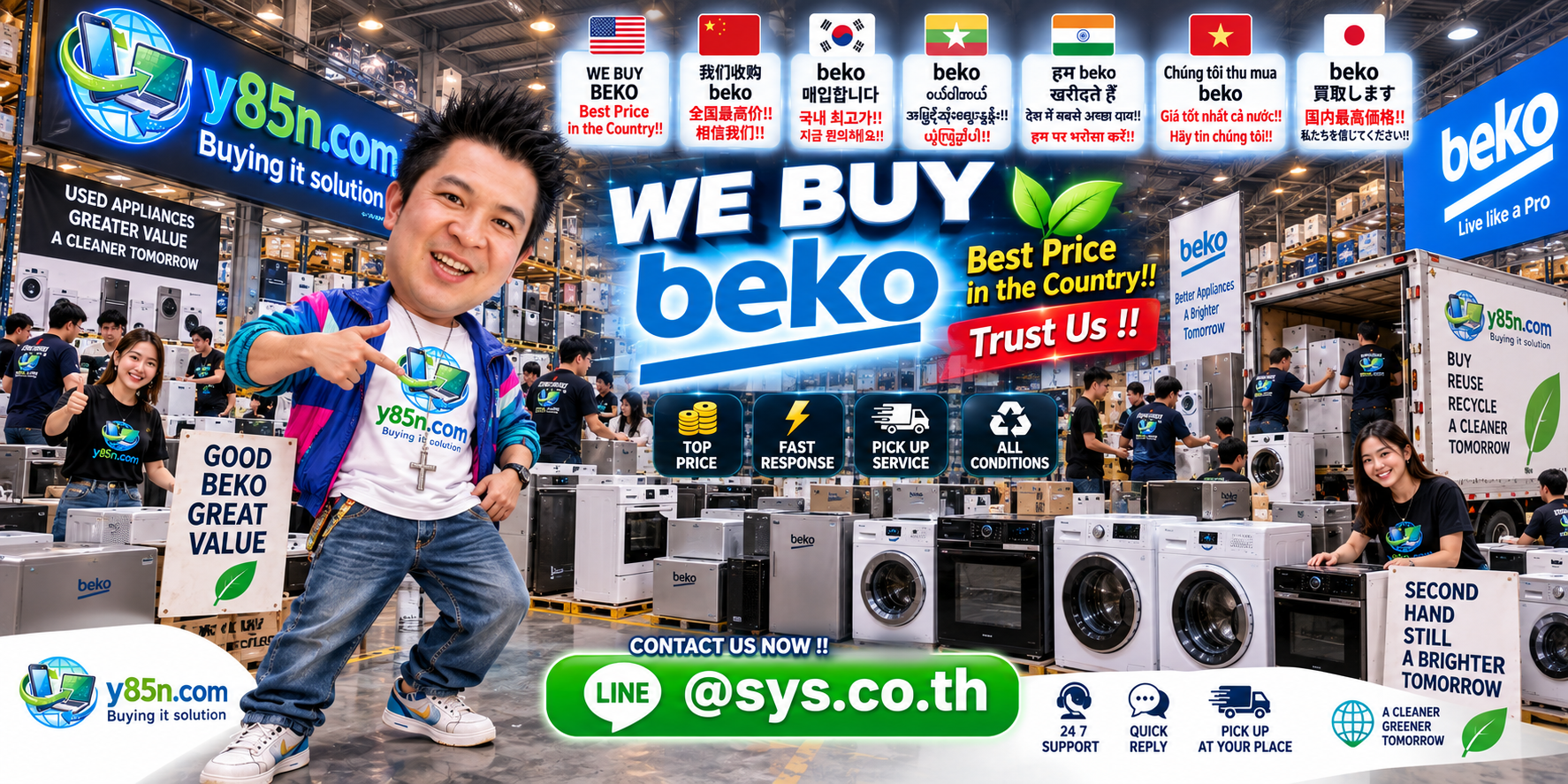 Y85N.com warehouse buying used Beko appliances with English support across Thailand