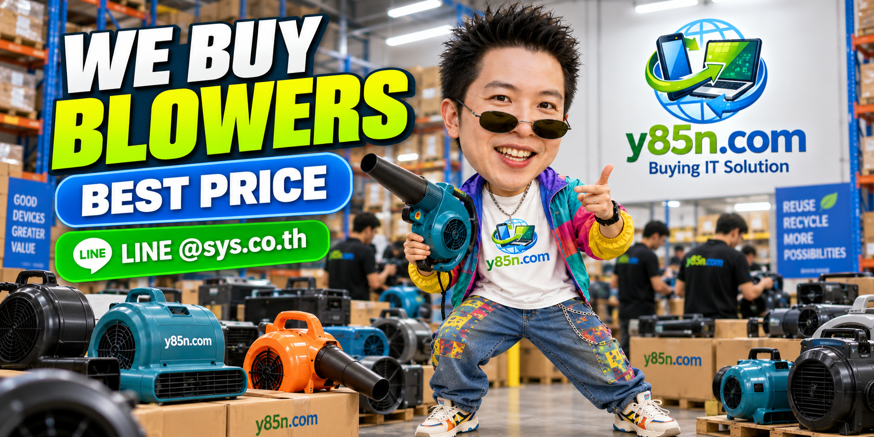 Y85N.com warehouse buying used blowers with international seller messaging