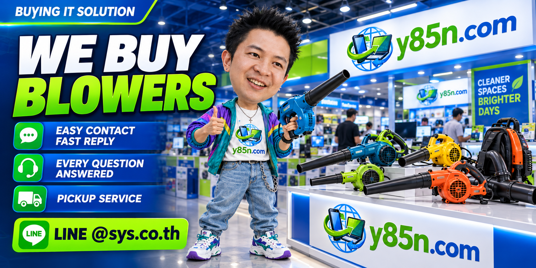 Y85N.com blower buying service contact banner with LINE at sys.co.th