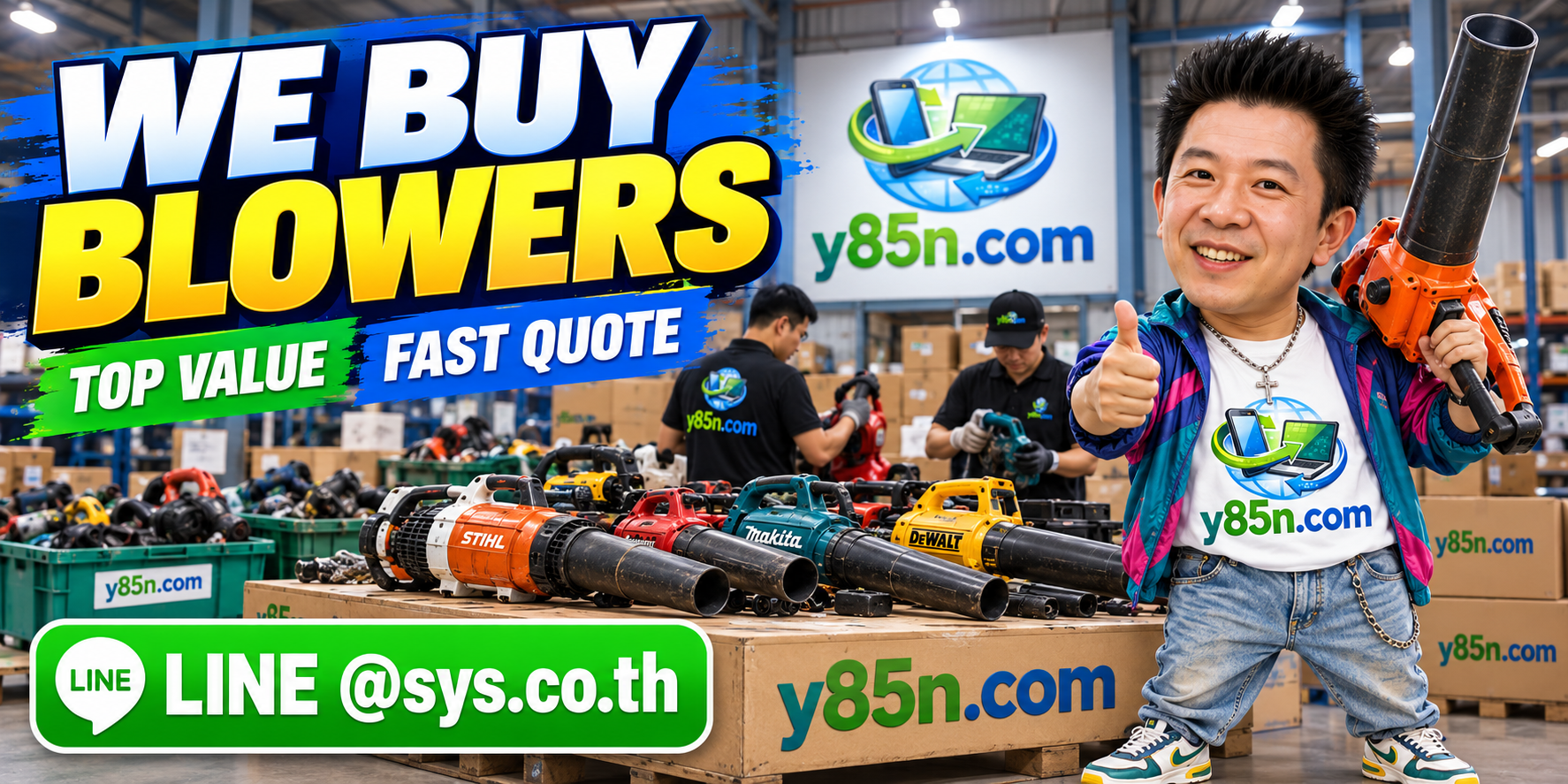 Busy Y85N.com computer and equipment warehouse promoting a blower buying service in Thailand