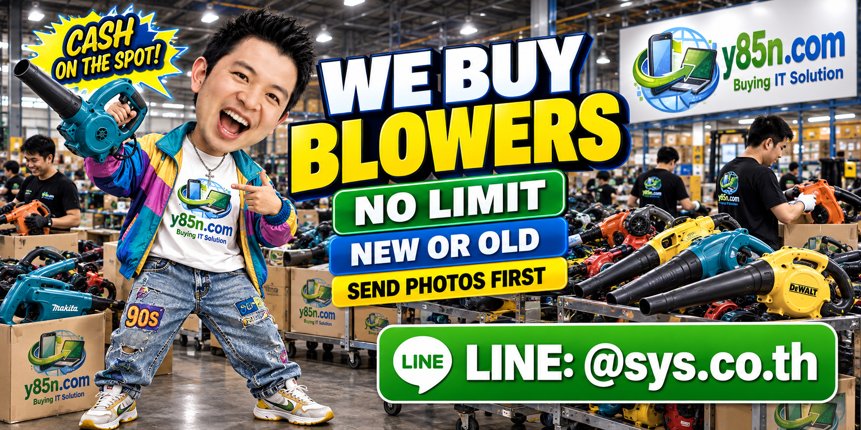 Y85N.com team and customers at a busy computer and equipment warehouse with blowers for sale evaluation