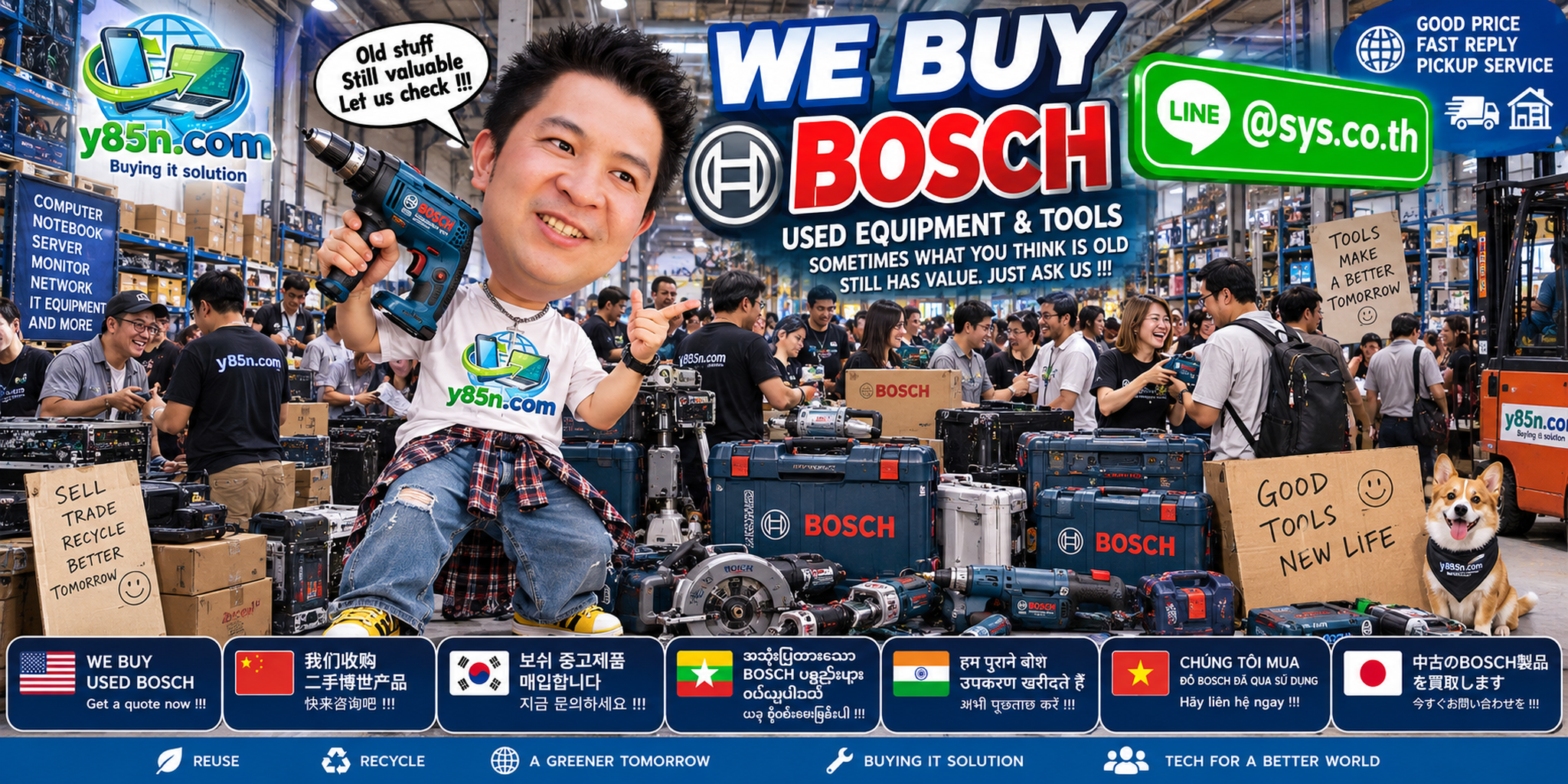 Busy Y85N.com warehouse serving customers who bring Bosch equipment to sell in Thailand