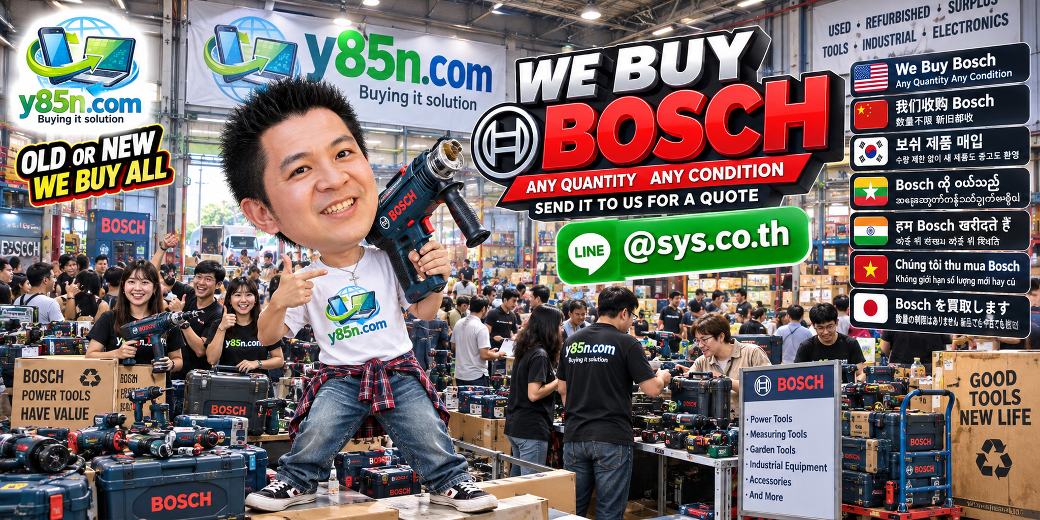 Busy Bosch equipment buying warehouse with international sellers and Y85N.com staff