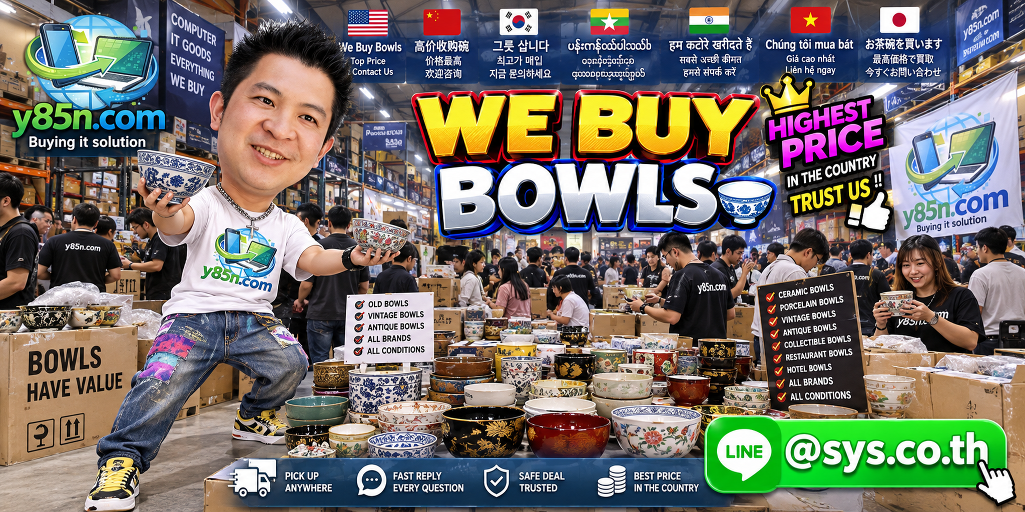 Y85N.com warehouse buying used bowls with international seller messaging
