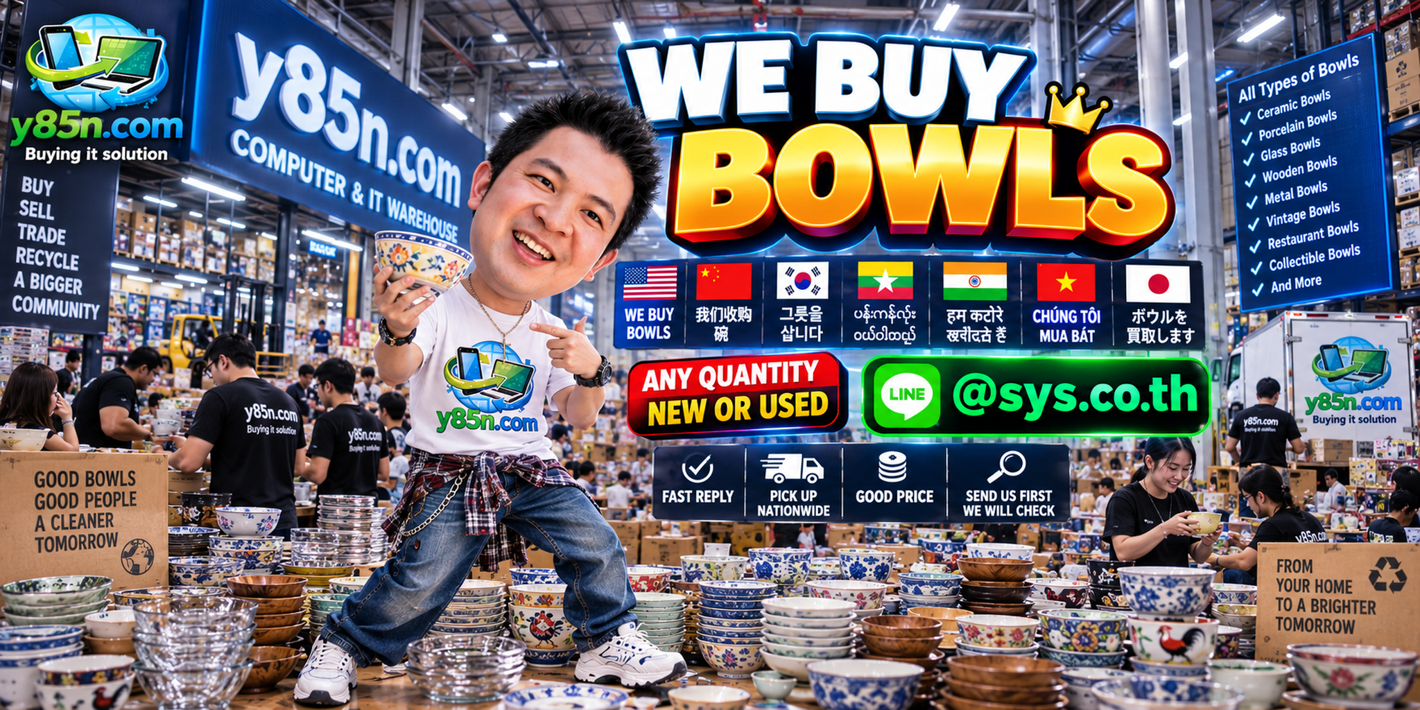Y85N.com team and customers at a busy bowl buying warehouse
