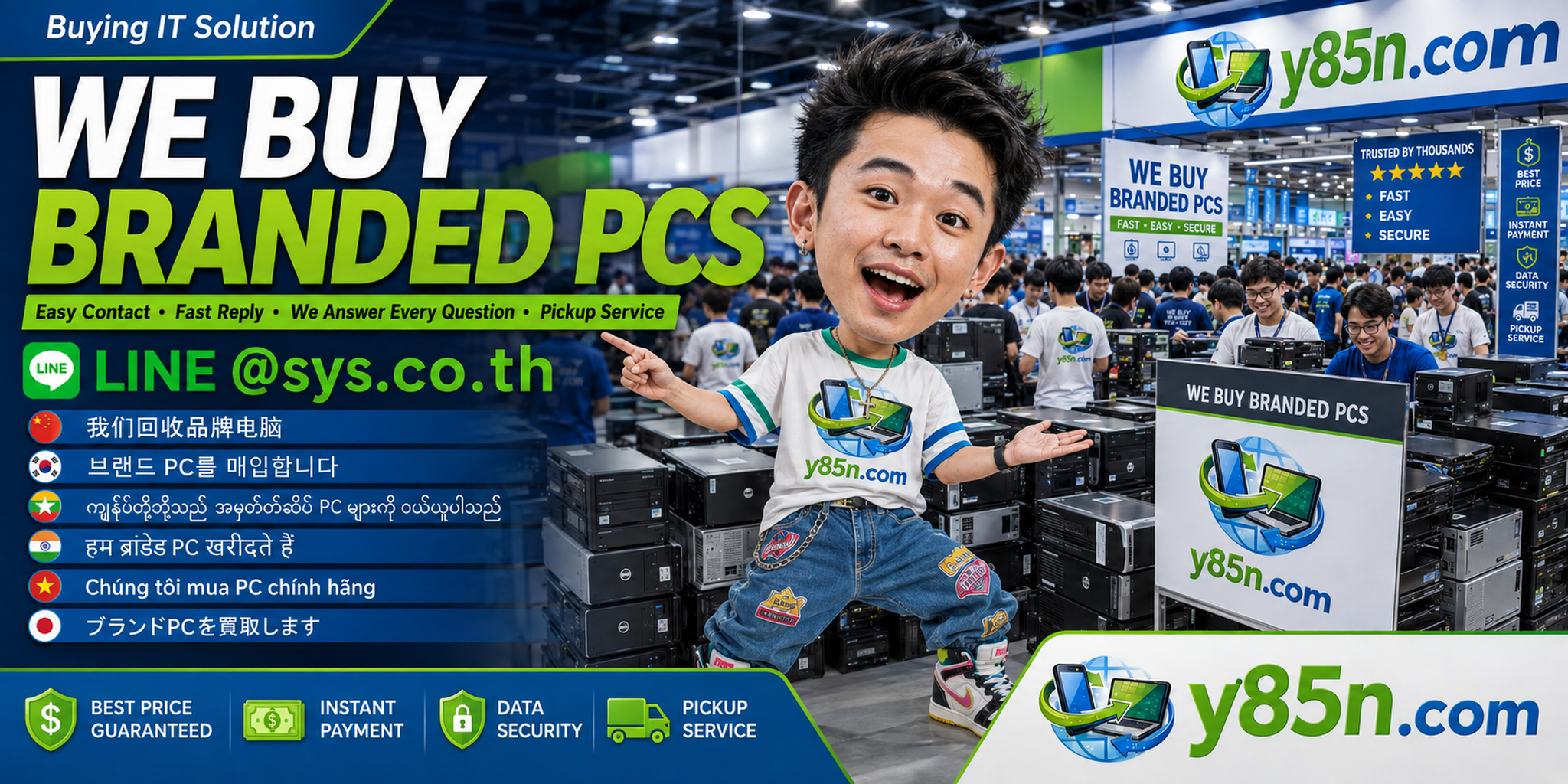 Y85N.com branded PC buying contact banner with LINE at sys.co.th