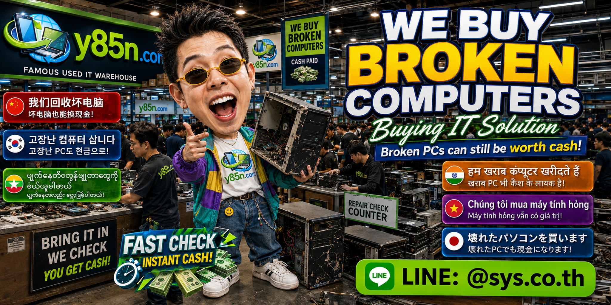 Busy Y85N.com computer warehouse evaluating branded business PCs
