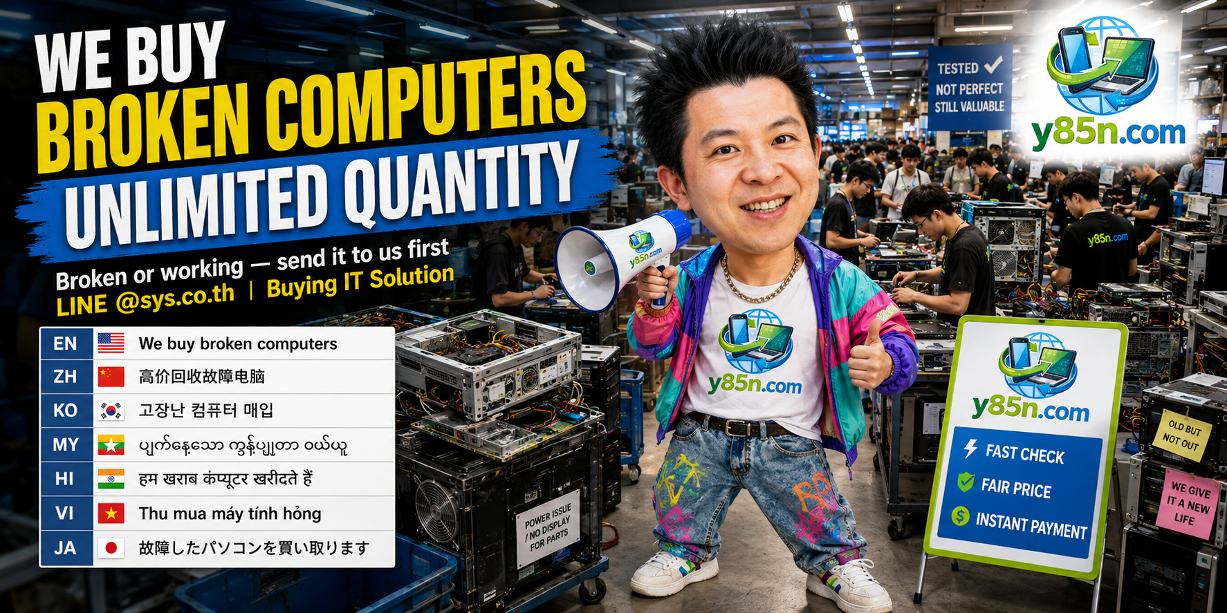 Y85N.com warehouse buying broken computers with international seller support