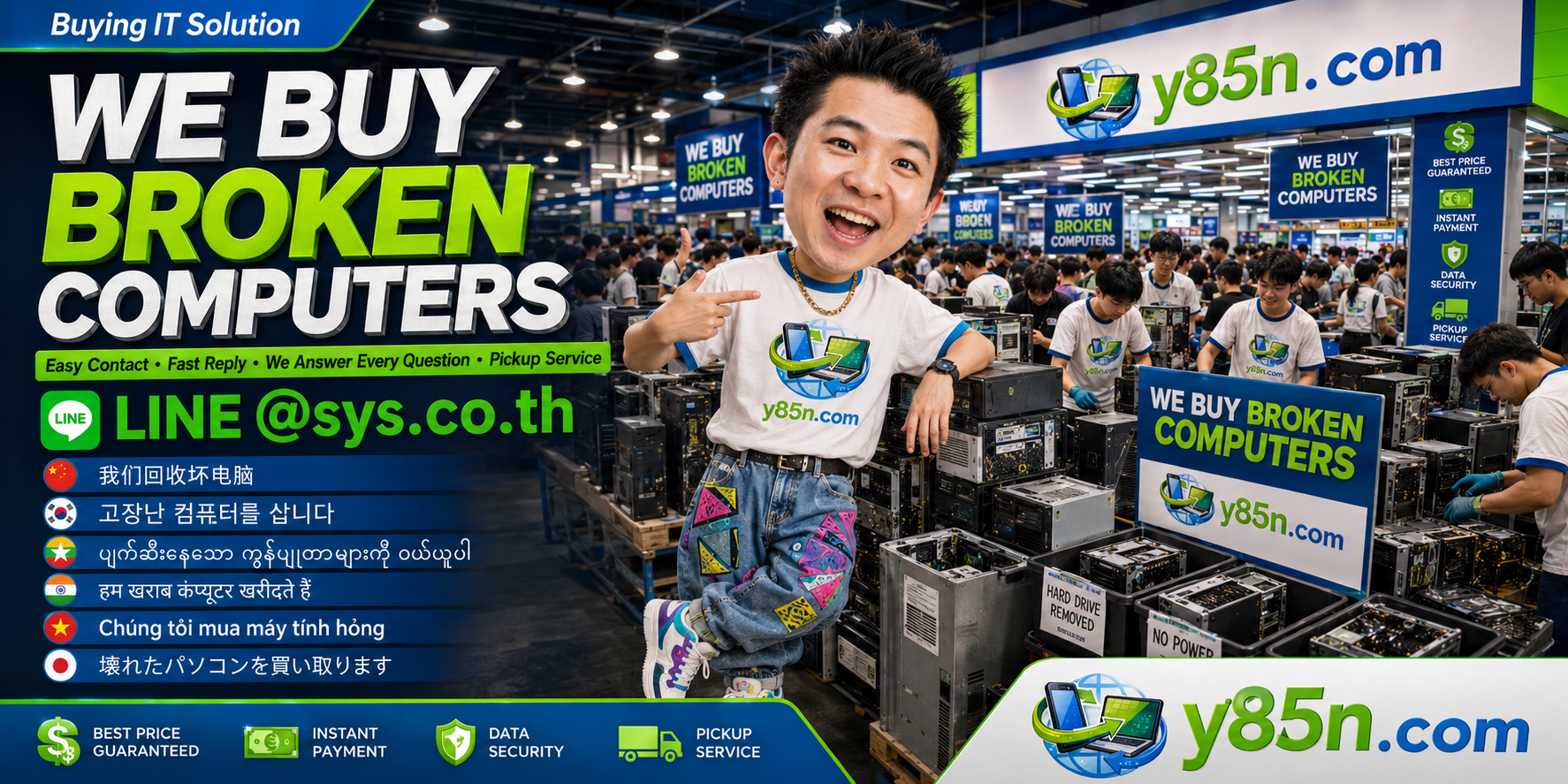 Y85N.com broken computer buying service contact banner with LINE at sys.co.th