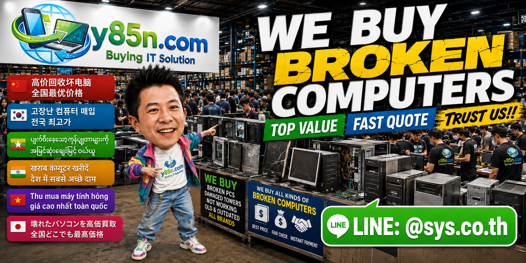 Busy Y85N.com warehouse buying broken computers and damaged desktop PCs in Thailand